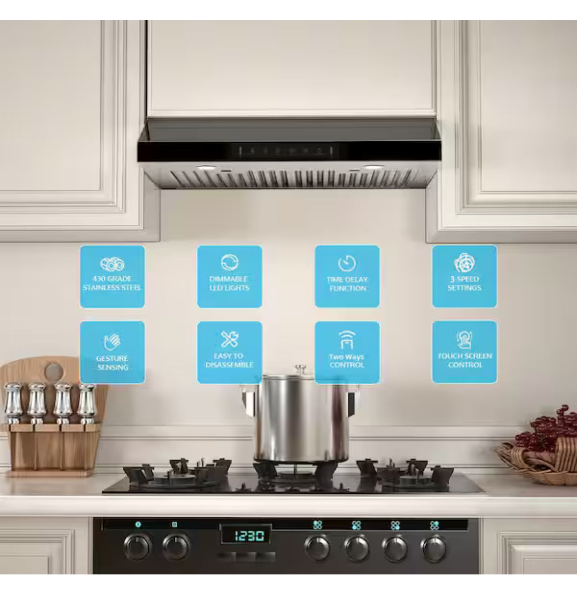 36 in. 900CFM Ducted Under Cabinet Range Hood with Touch Display, Permanent Filters in Stainless Steel with Black Glass