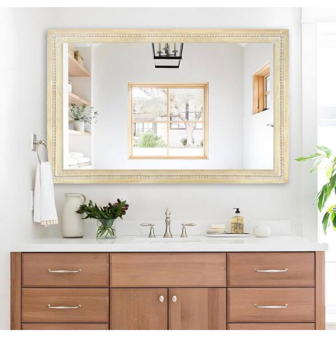 28 in. W x 48 in. H Bohemian Carved Beaded Rectangular Wood Frame Wall Mirror Decorative Mirror