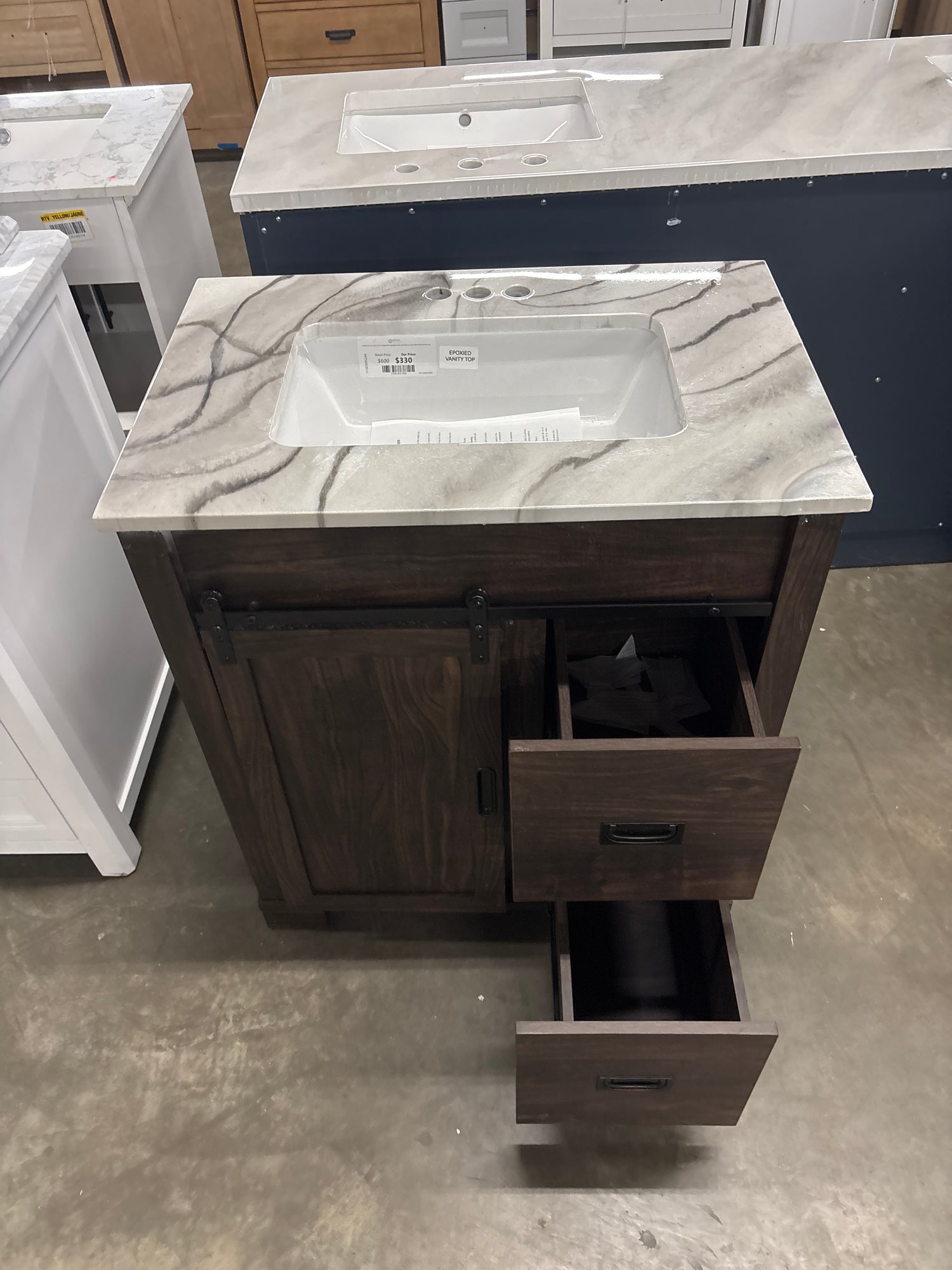 Brindley 30 in W x 20 in D x 35 in H Single Sink Freestanding Vanity in Dark Walnut w/Epoxied/Veined White Engineered Stone Top MM