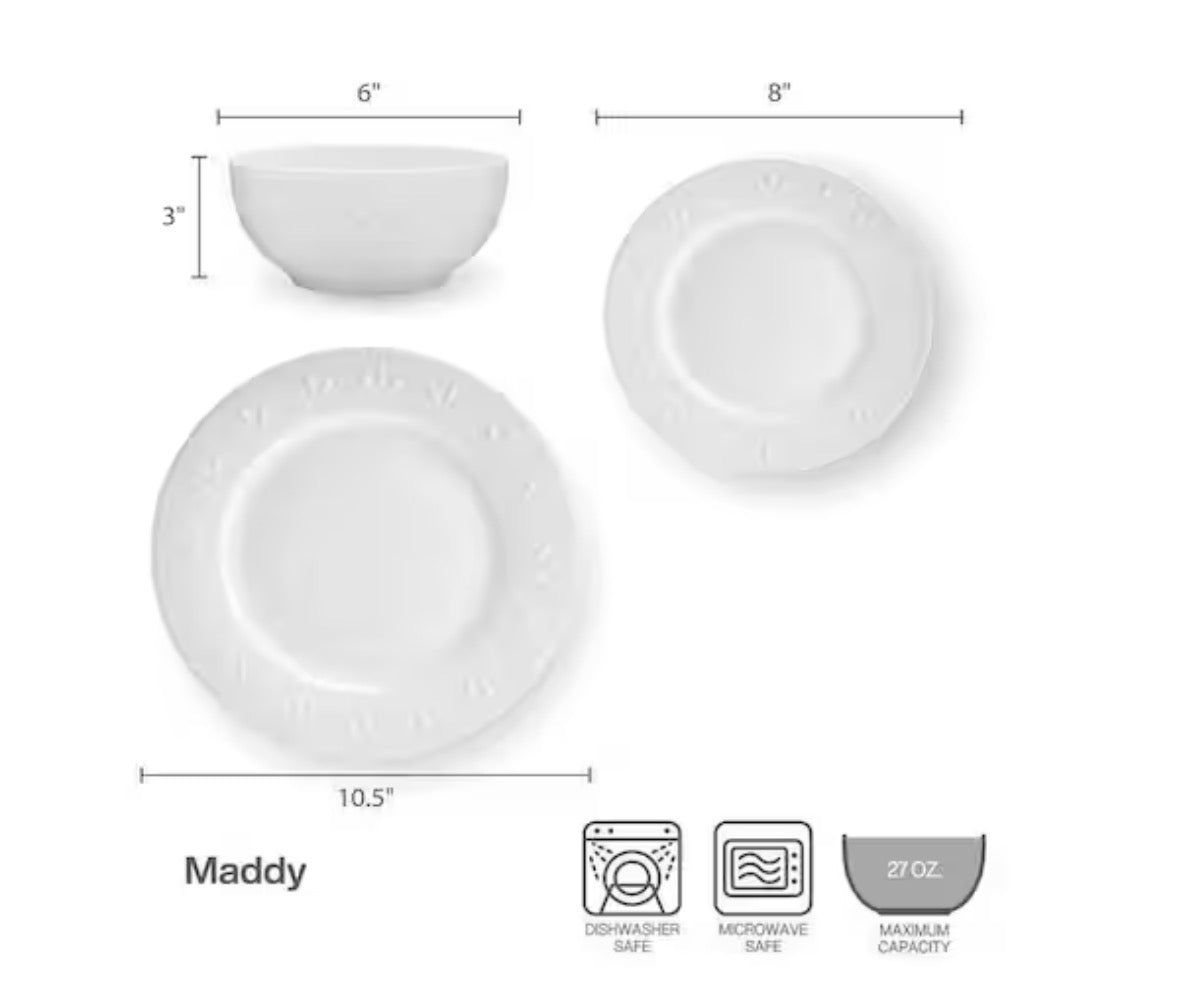 Maddy 12-Piece White Porcelain Dinnerware Set, Service for 4