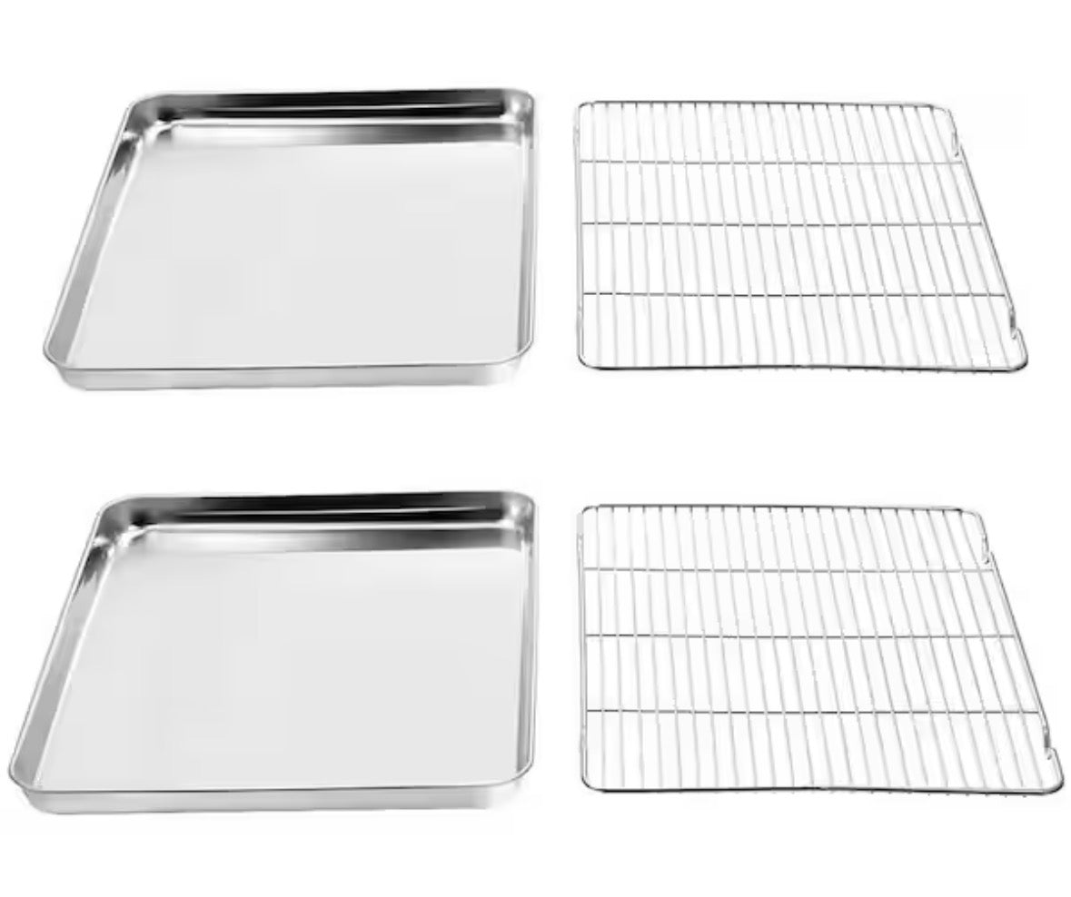 4-Piece Baking Sheets, Cooling Racks Set, Stainless Steel Cookie Pans, Non Toxic Heavy Duty Baking Trays with Racks