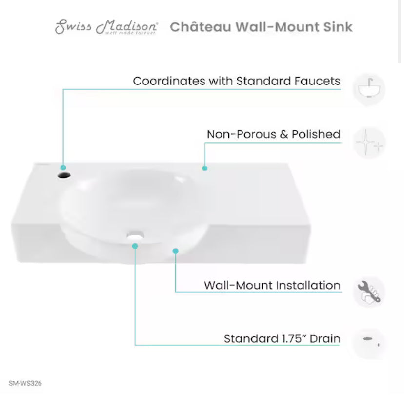 Chateau 29.31 in. Left Side Faucet Wall-Mount Ceramic Rectangular Bathroom Vessel Sink in Glossy White