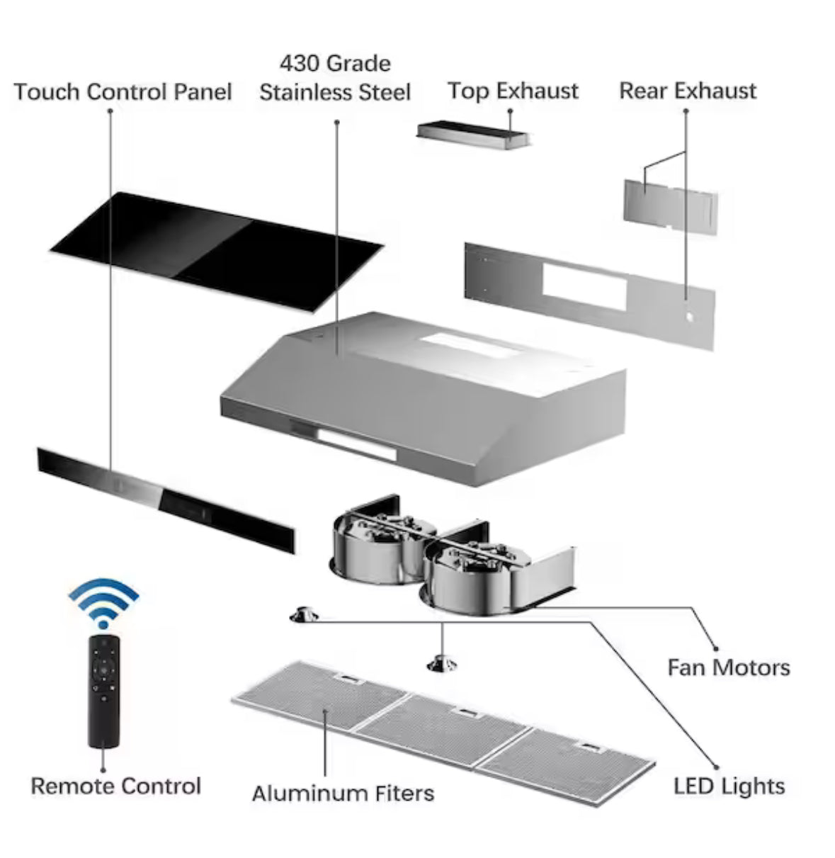 36 in. 900CFM Ducted Under Cabinet Range Hood with Touch Display, Permanent Filters in Stainless Steel with Black Glass