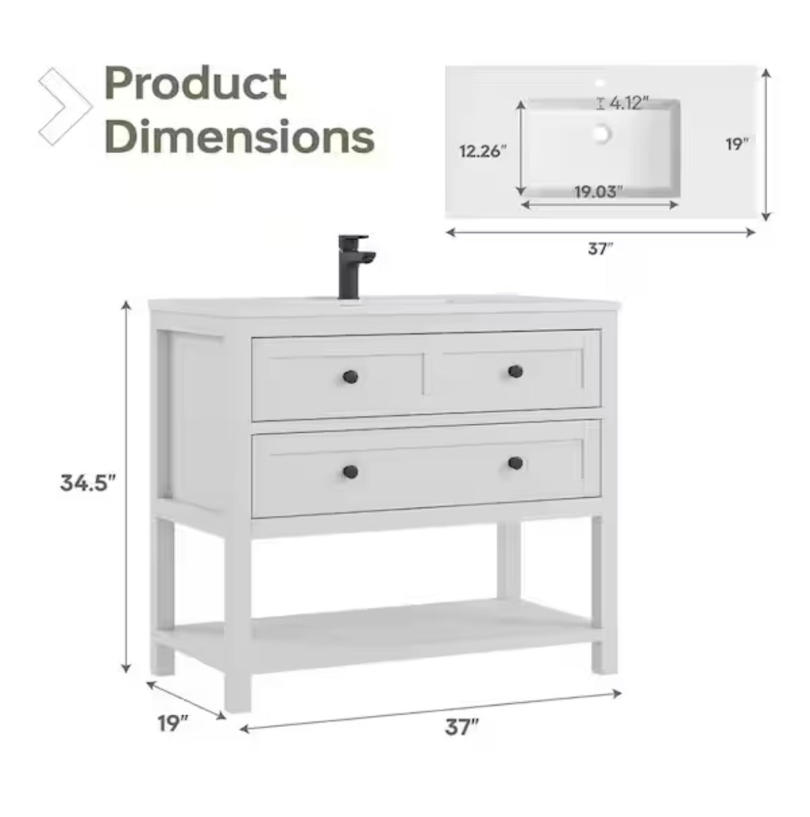 Shay 37 in. Single Sink White Bath Vanity with White Engineered Solid Surface Top and 2 Drawers (Unassembled)
