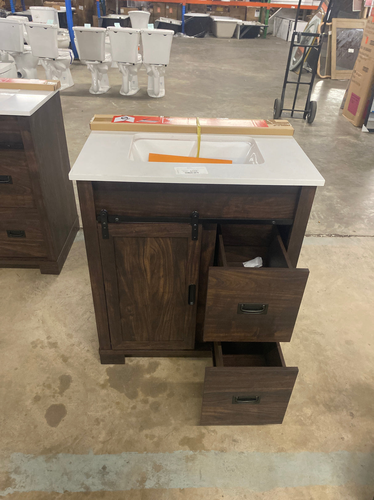 Brindley 30 in W x 20 in D x 35 in H Single Sink Freestanding Vanity in Dark Walnut w/ Veined White Engineered Stone Top