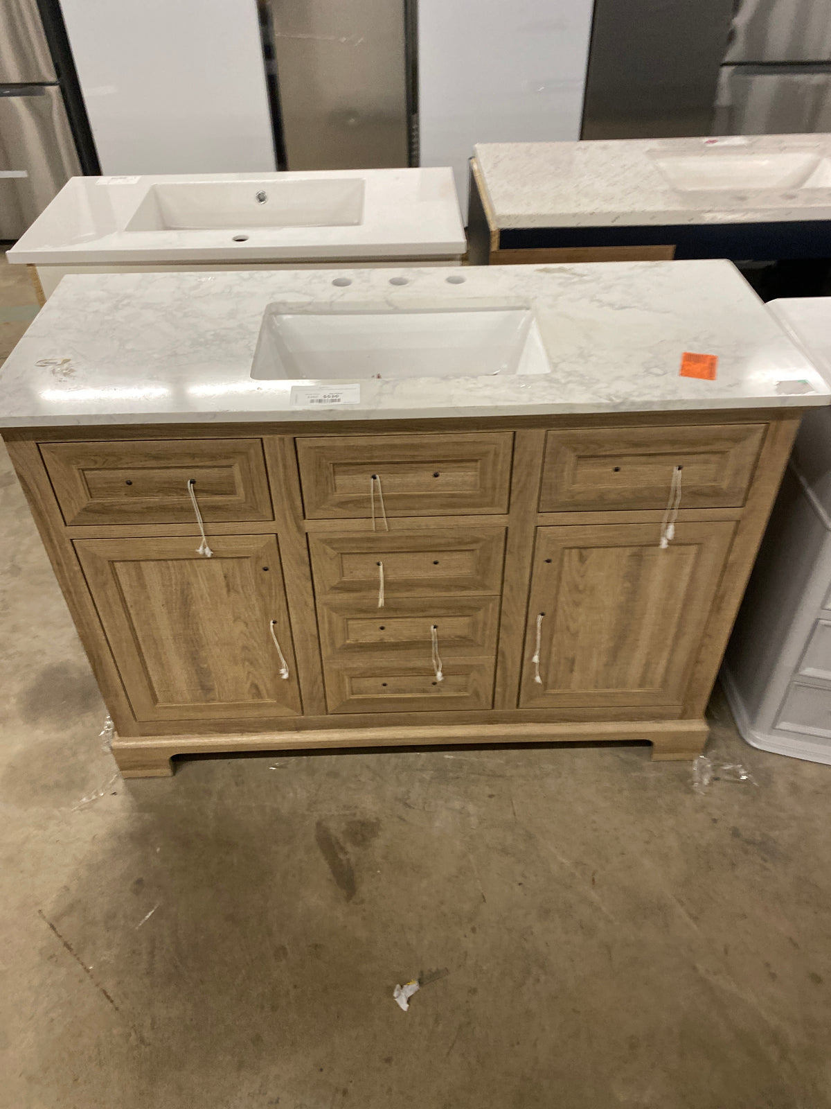Doveton 48 in. W x 19 in. D x 34.50 in. H Freestanding Vanity in Weathered Tan with White Engineered Stone Top