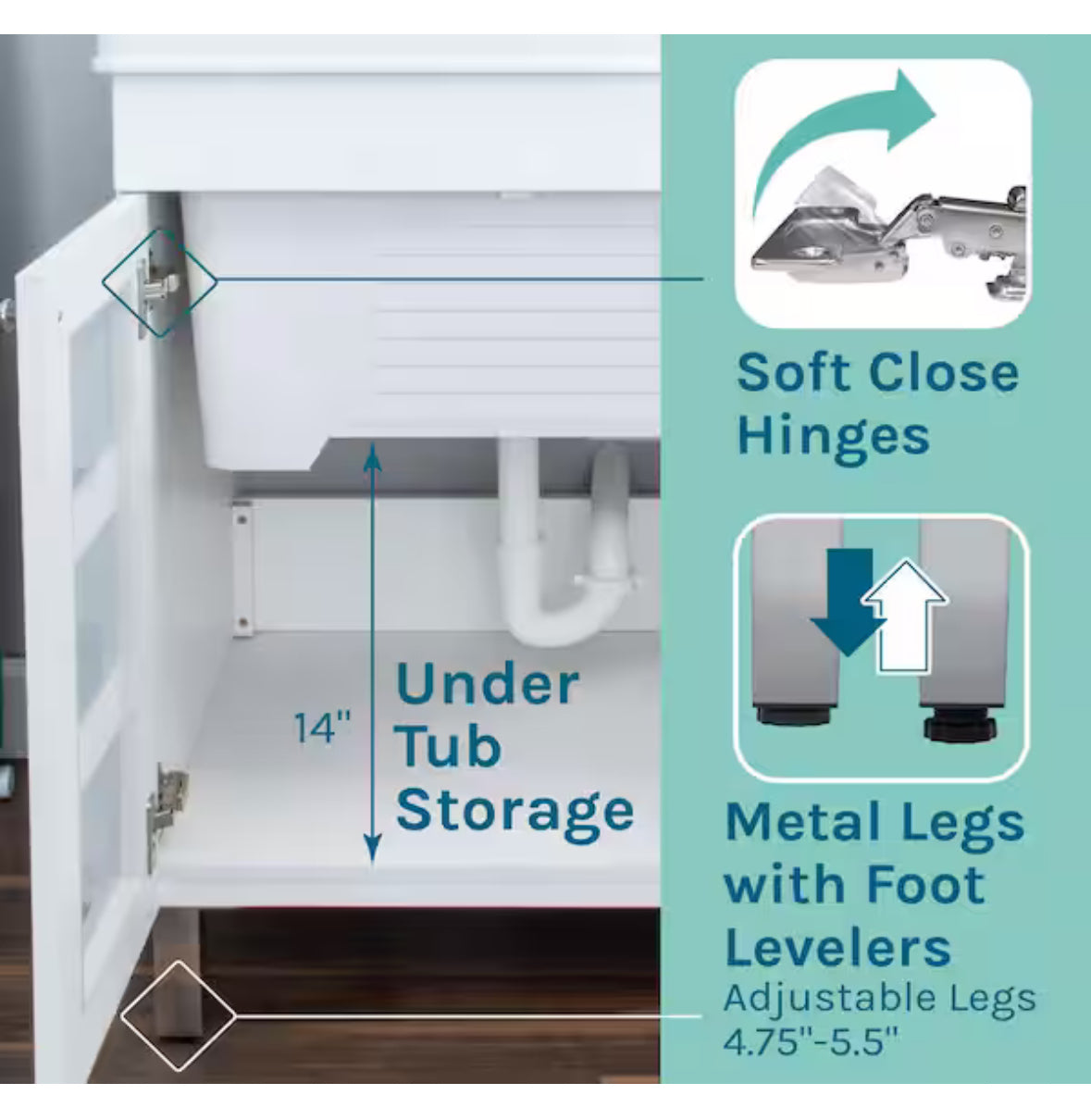 18 Gallons 21.75 in. x 25 in. Thermoplastic Drop-in Laundry Sink with Stainless Faucet, White Cabinet, Soap Dispenser