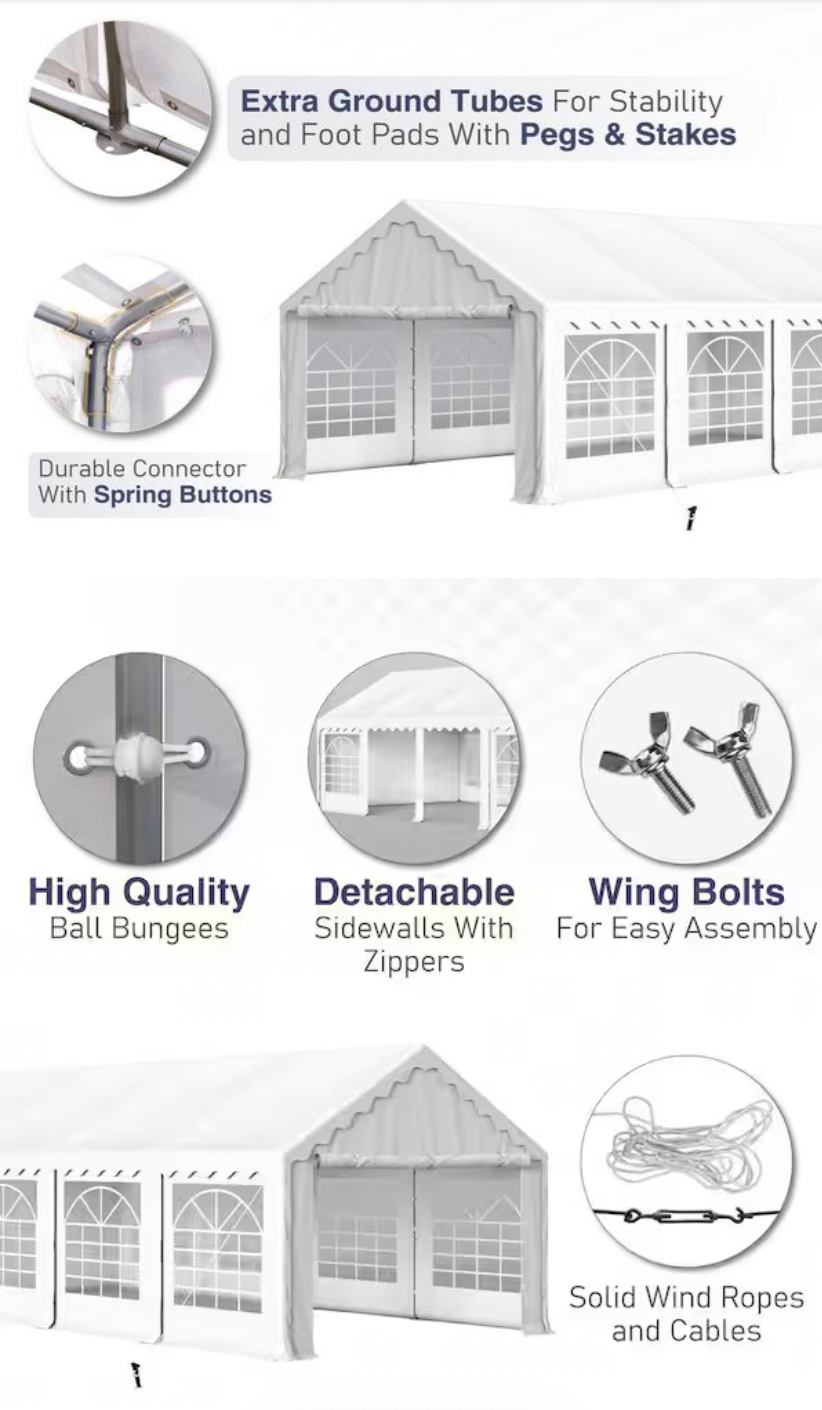 20 ft. x 40 ft. Outdoor Wedding Party Canopy Tent in White with Galvanized Frame and Side Walls