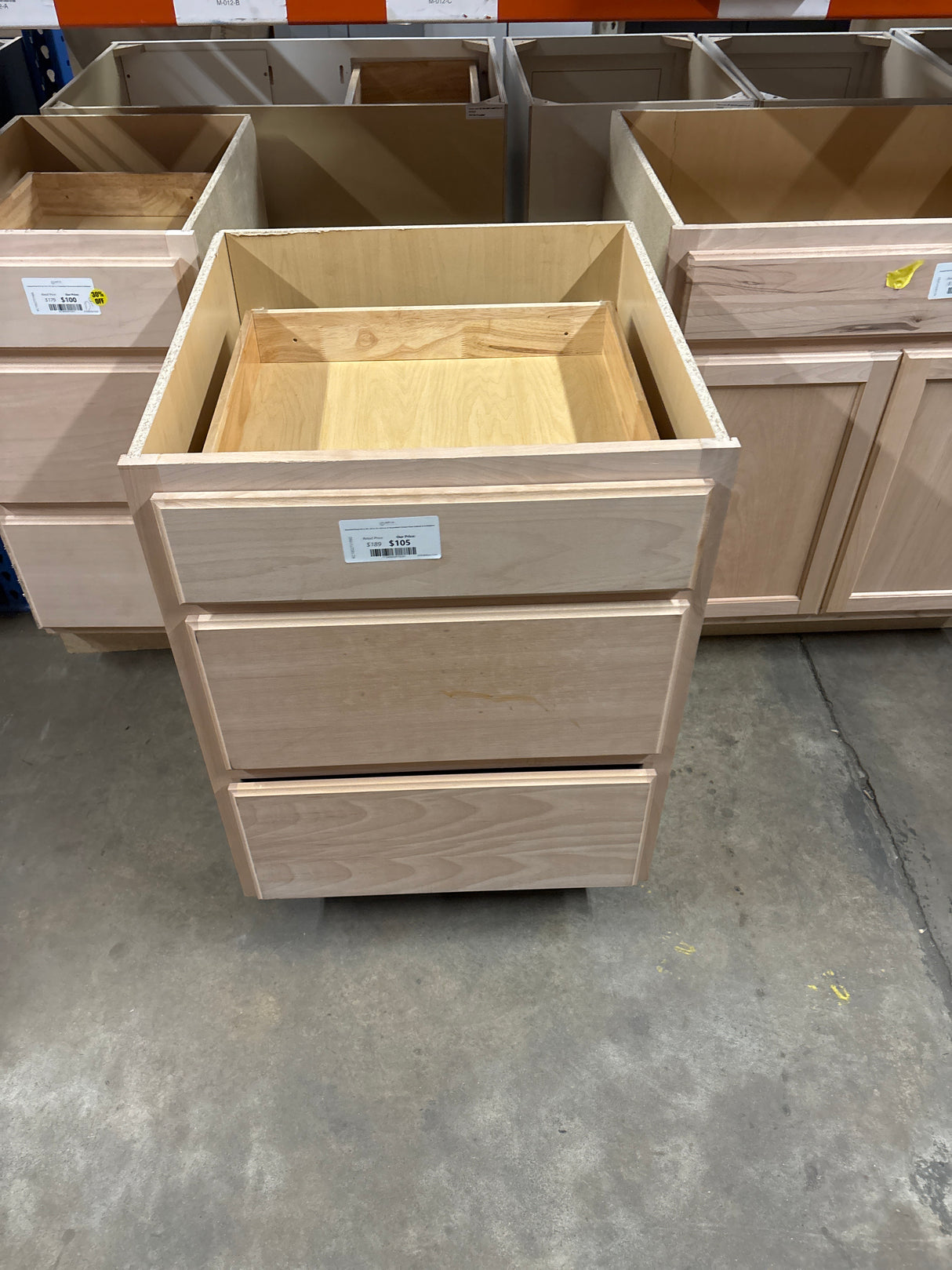 Recessed Panel 24 in. W x 24 in. D x 34.5 in. H Assembled 3 Drawer Base Cabinet in Unfinished