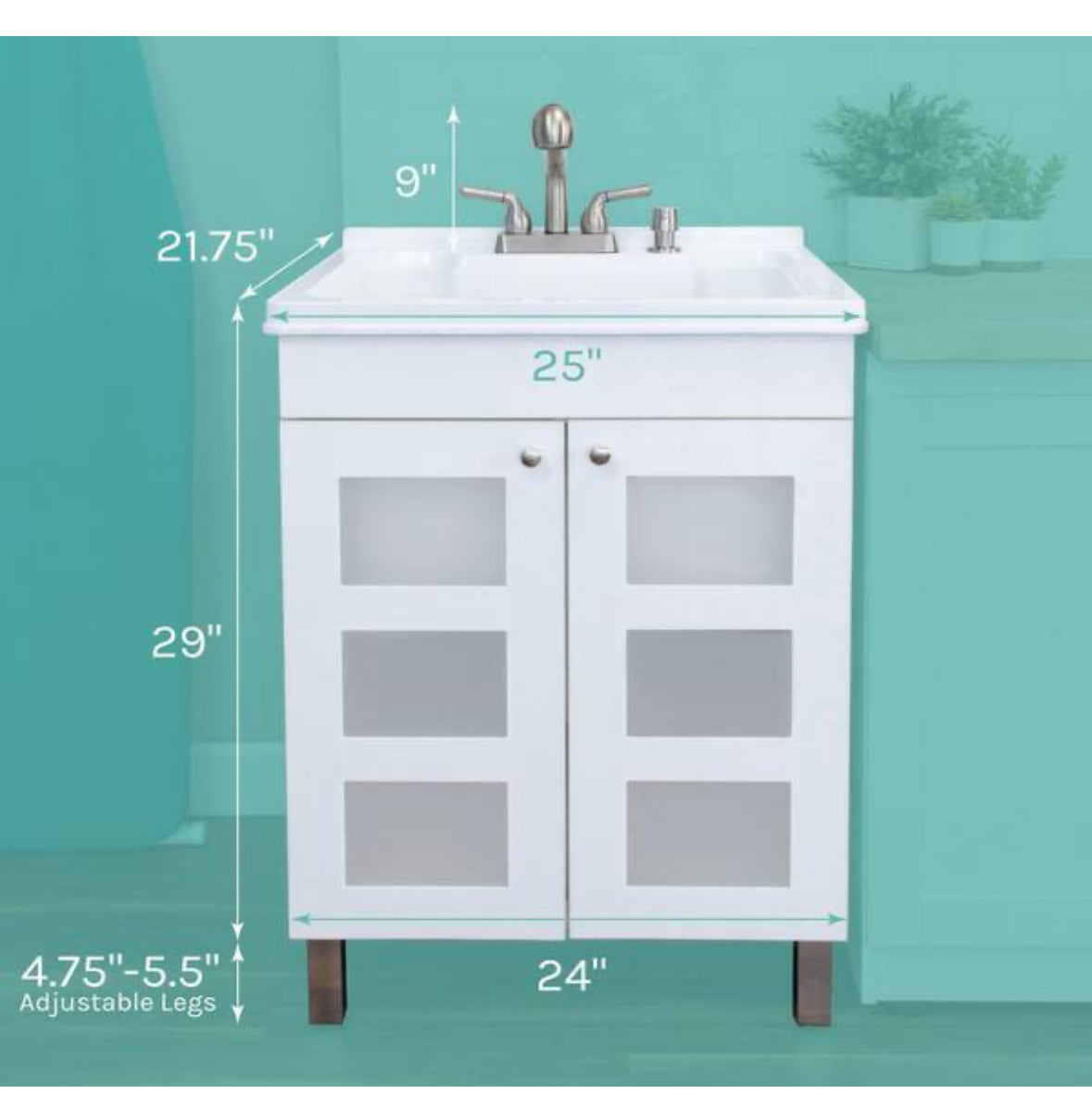 18 Gallons 21.75 in. x 25 in. Thermoplastic Drop-in Laundry Sink with Stainless Faucet, White Cabinet, Soap Dispenser