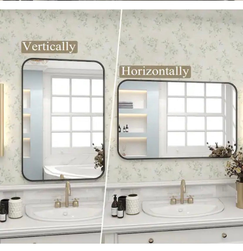 24 in. W x 36 in. H Rectangular Aluminum Alloy Framed Rounded Black Wall Mirror