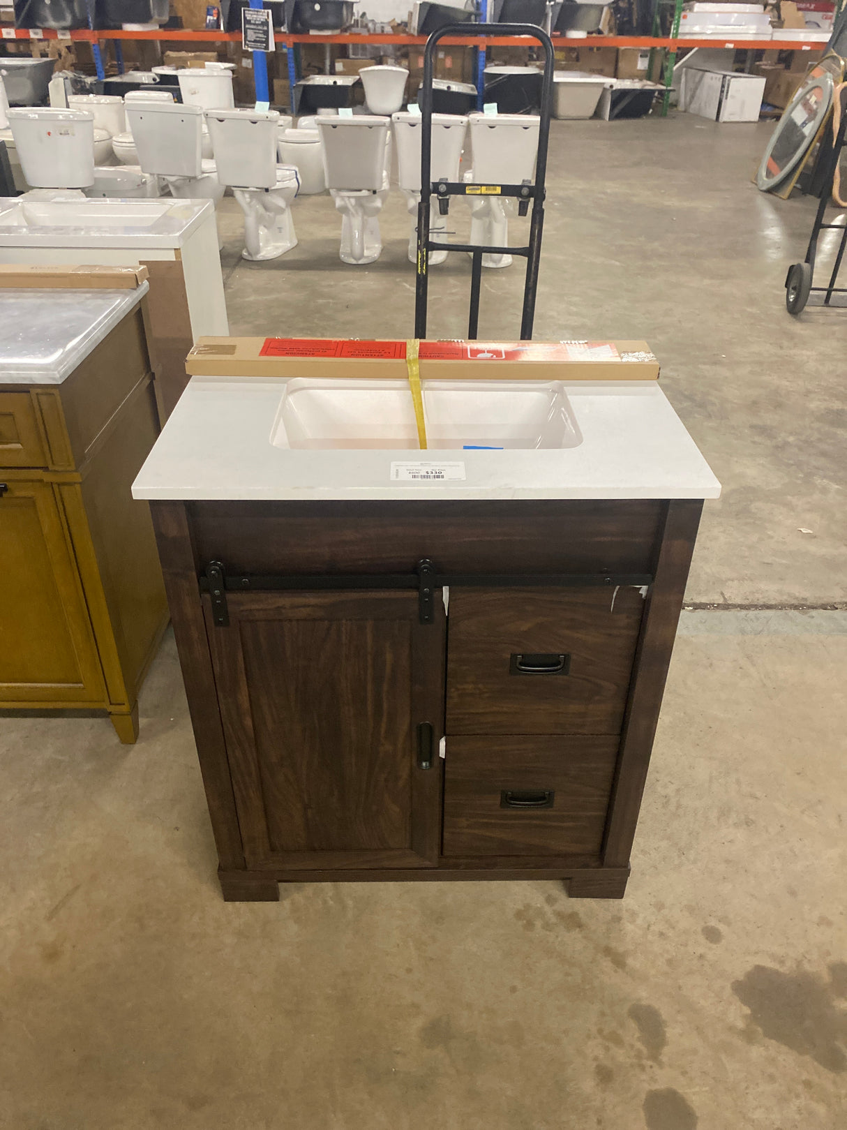 Brindley 30 in W x 20 in D x 35 in H Single Sink Freestanding Vanity in Dark Walnut w/ Veined White Engineered Stone Top