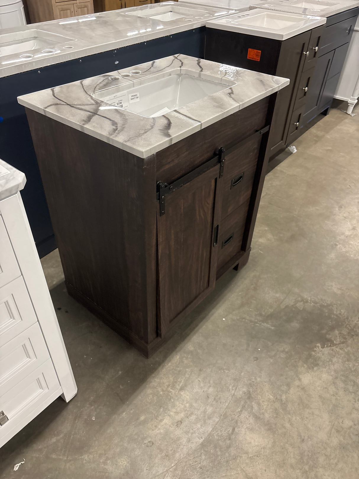 Brindley 30 in W x 20 in D x 35 in H Single Sink Freestanding Vanity in Dark Walnut w/Epoxied/Veined White Engineered Stone Top MM