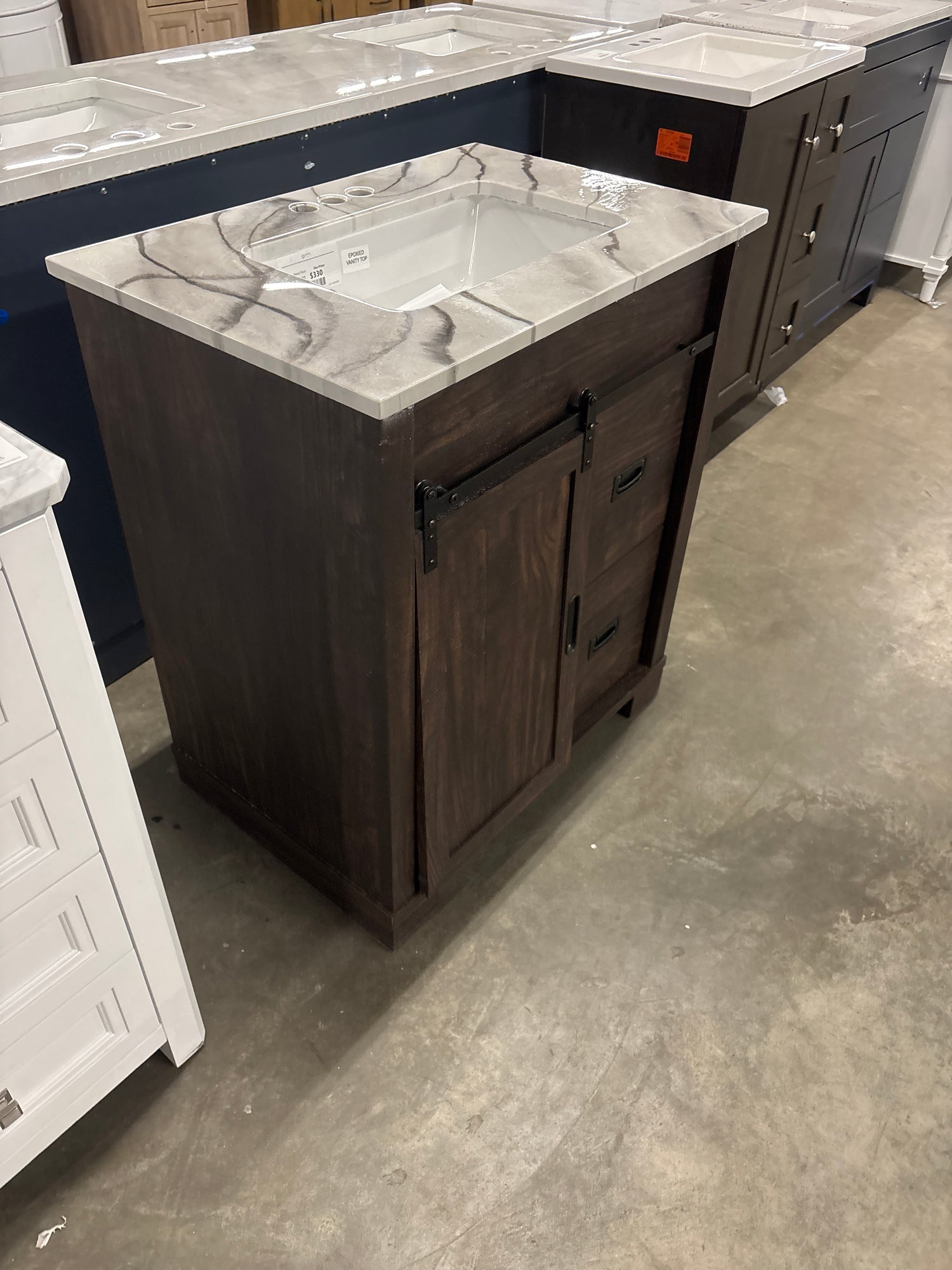 Brindley 30 in W x 20 in D x 35 in H Single Sink Freestanding Vanity in Dark Walnut w/Epoxied/Veined White Engineered Stone Top MM