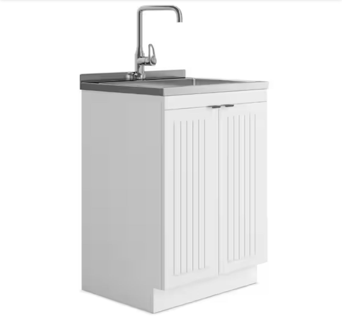 White Laundry Tub Cabinet with Single Stainless Steel Drop-in Laundry/Utility Sink and Stainless Steel Faucet Combo