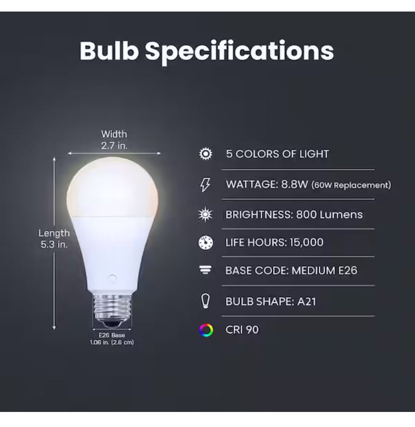 60-Watt Equiv A21 USB White Battery Backup E26 Magic Bulb LED Light Bulb Selectable White(2700K/3000K/3500K/4000K/5000K)