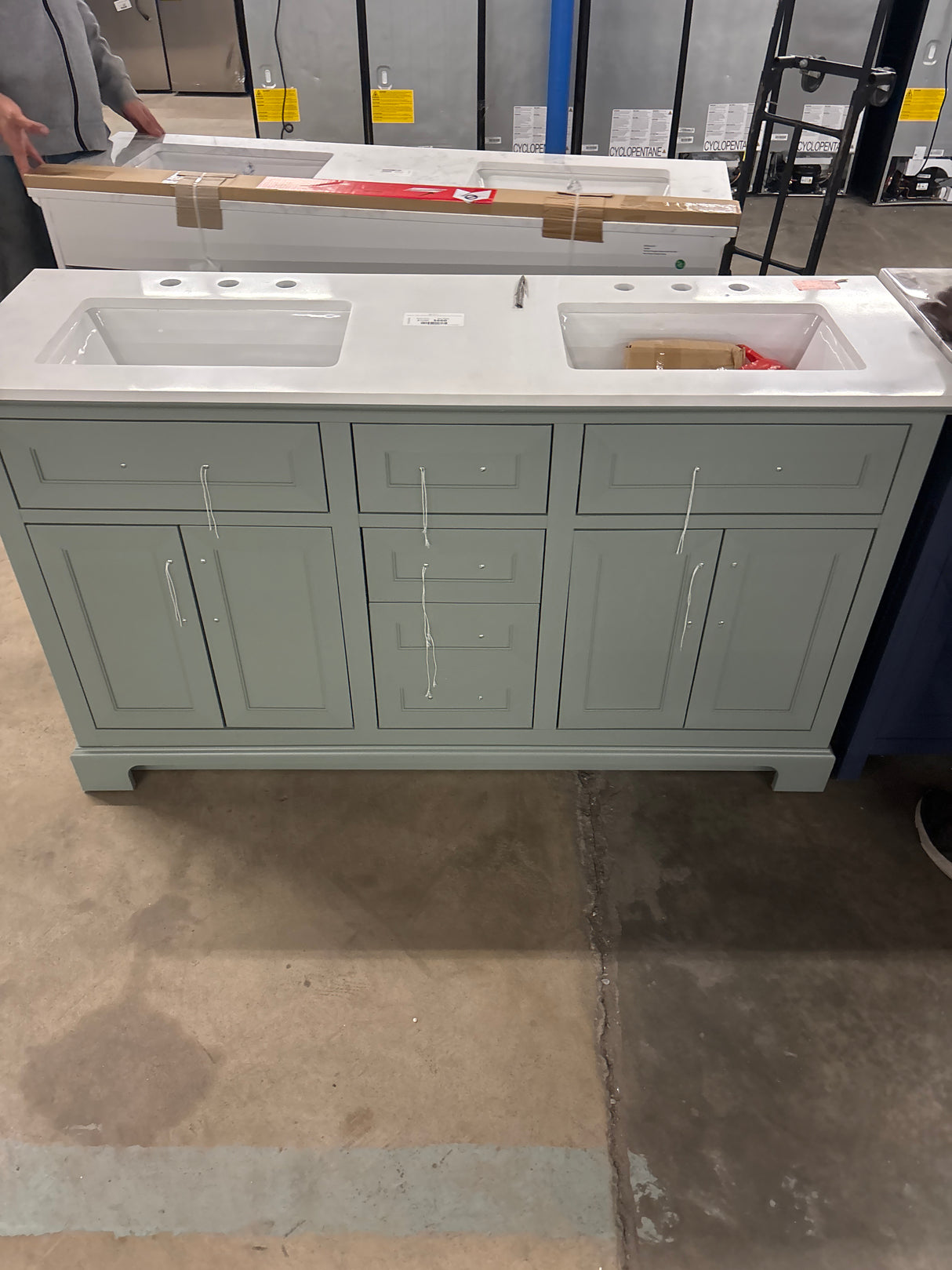 Doveton 60 in. Double Sink Sage Green Bath Vanity with White Engineered Stone Top (Assembled)