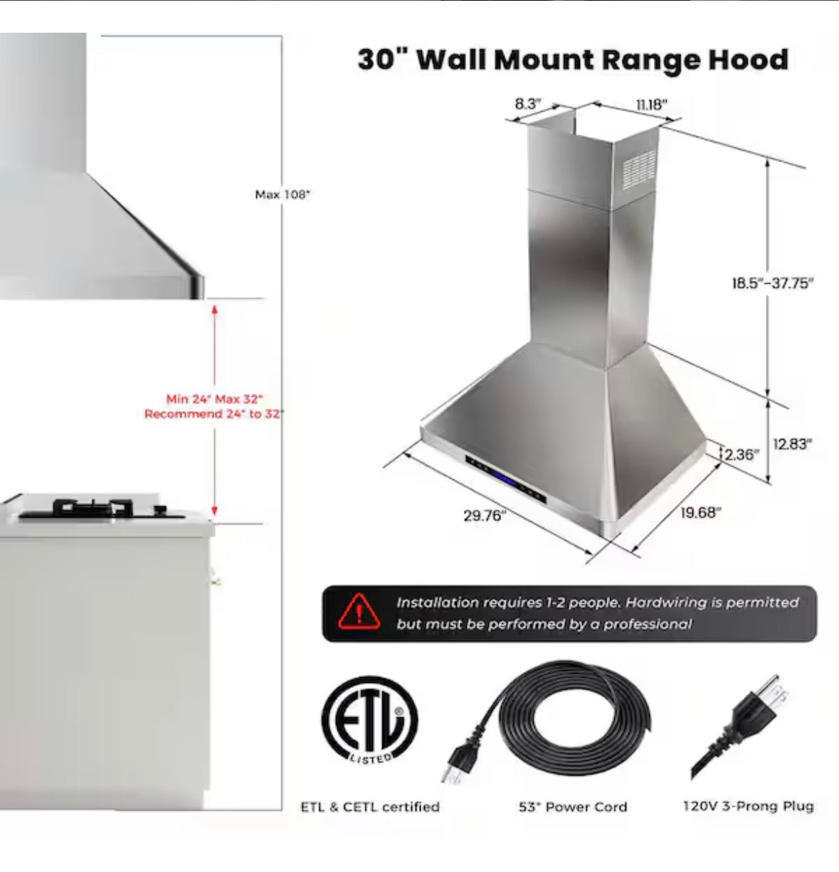30 in. 900 CFM Convertible Wall Mount Downdraft in Stainless Steel Rounded Corners with Touch Control LCD and Remote