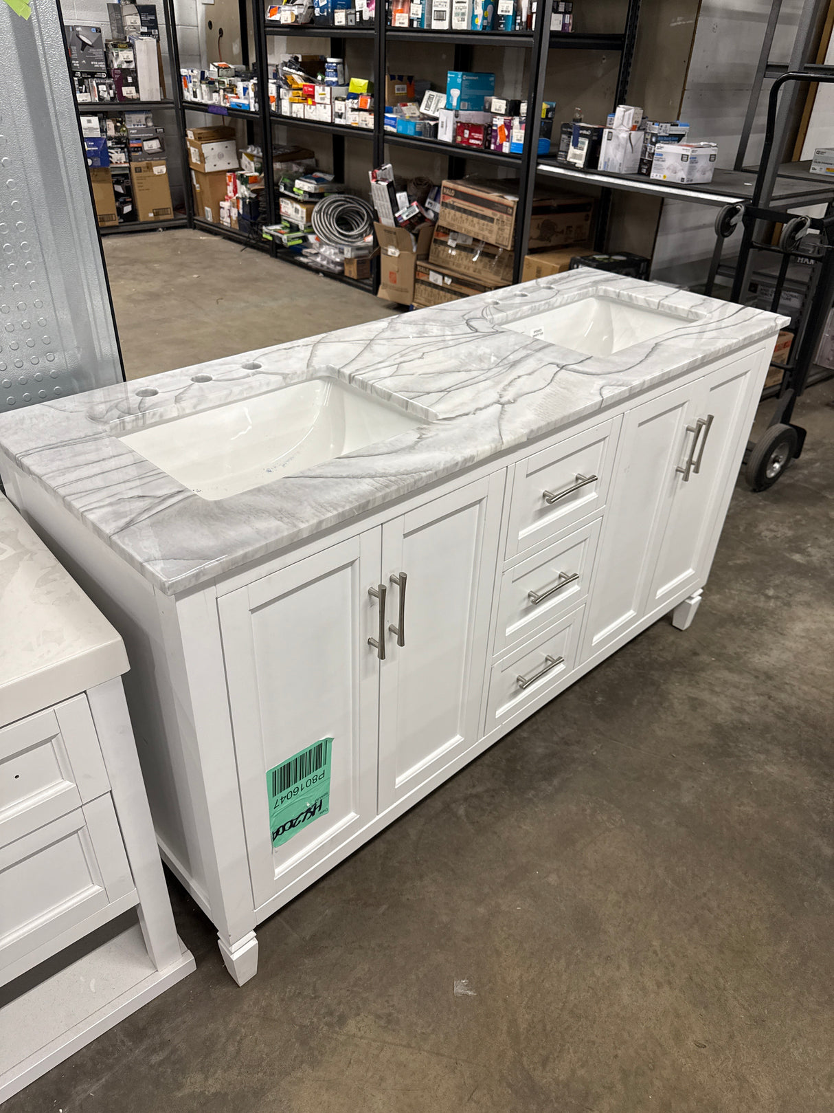 Stockham 61 in. Double Sink White Bath Vanity with Epoxied White Carrara Marble Top (Assembled)