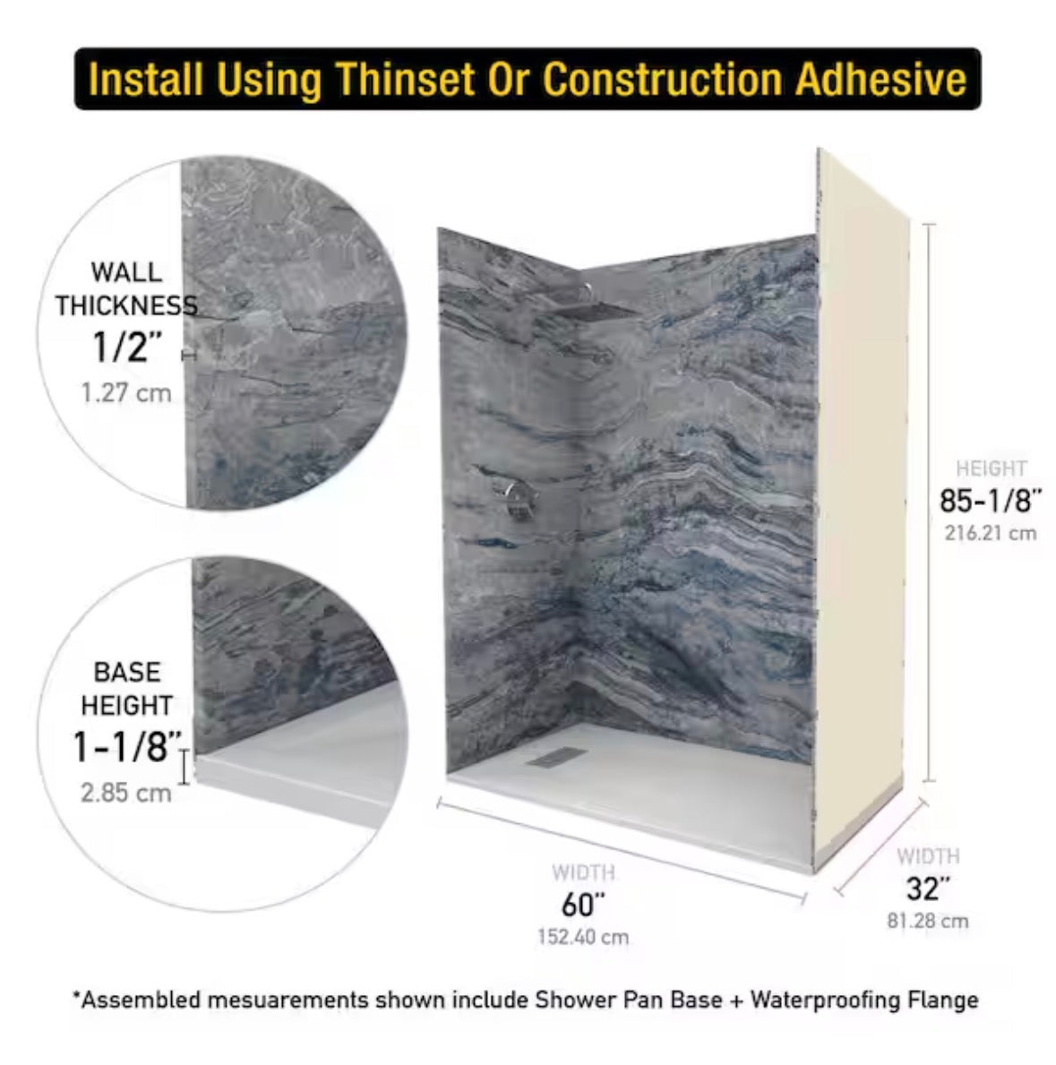 Nacarado Blue 32 in. x 60 in. x 84 in. Solid Composite Stone Alcove Shower Kit with Walls and White Pan Base L/R Drain