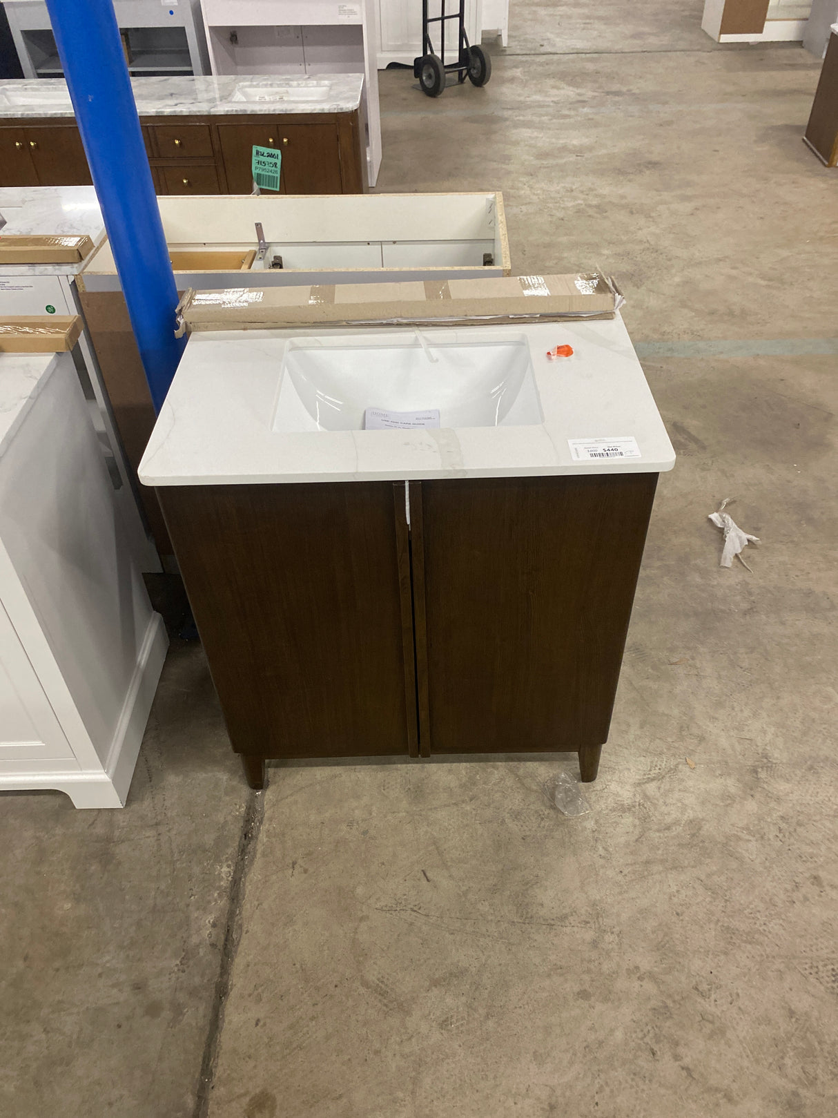Sellan 31 in. Single Sink Freestanding Bathroom Vanity in Dark Walnut with Calacatta White Quartz Top (Assembled)