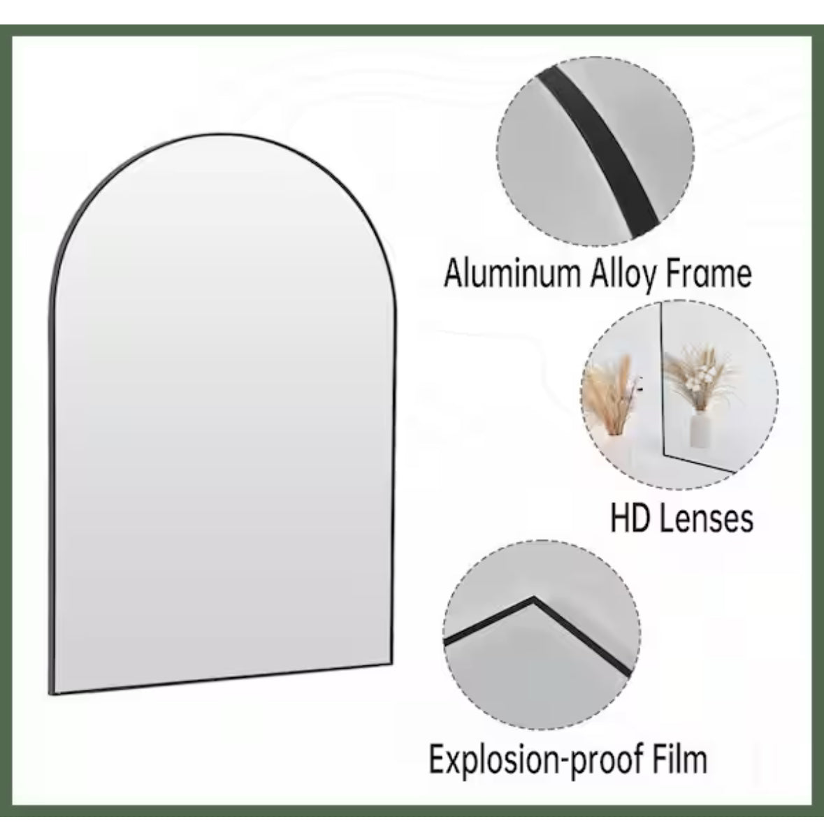 24 in. W x 36 in. H Arched Black Aluminum Alloy Framed Wall Mirror