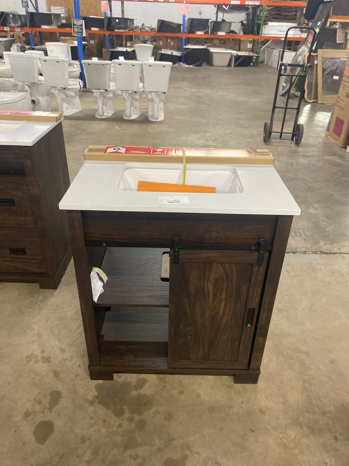 Brindley 30 in W x 20 in D x 35 in H Single Sink Freestanding Vanity in Dark Walnut w/ Veined White Engineered Stone Top