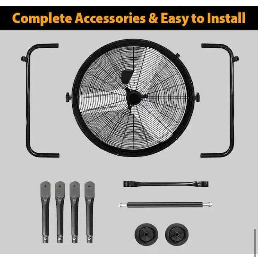 24 in. Black Industrial/Commercial Drum Fan-3-Speed Floor Fan, Low noise, High Velocity Fan for Warehouse, Garage