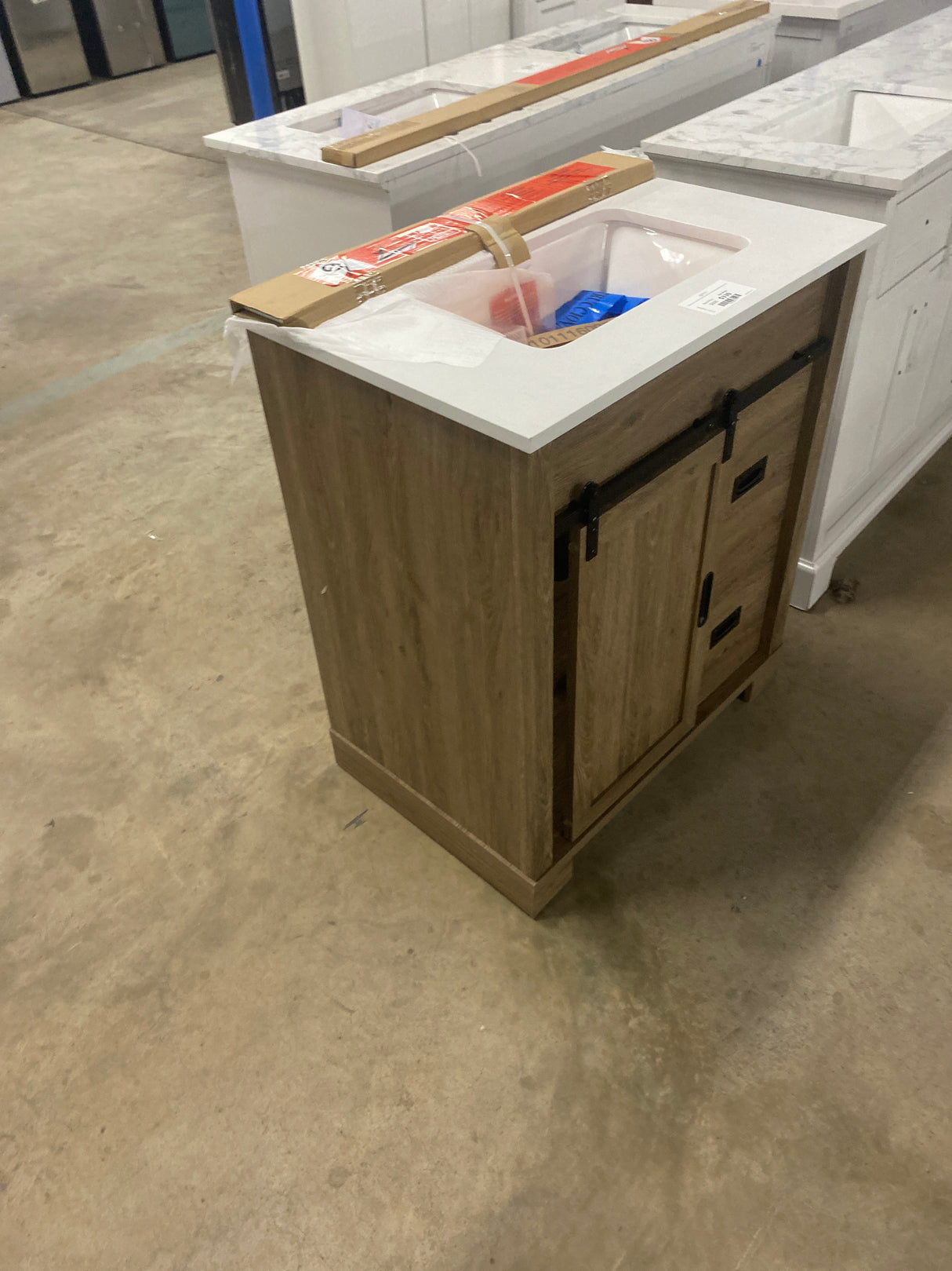 Brindley 30 in. W x 20 in. D x 35 in. H Single Sink Freestanding Vanity Aged Oak with Veined White Engineered Stone Top