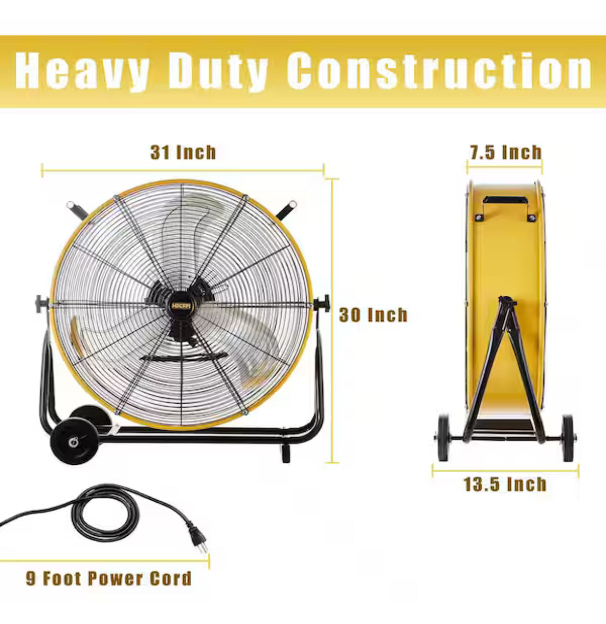 24 in. 8800 CFM High Velocity Industrial Drum Fan in Yellow, 3-Speed Heavy-Duty Fan for Warehouse and Basement