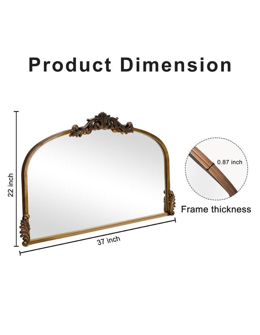 36.6 in. W x 21.7 in. H Ornate Baroque Antique Brass Vintage Stainless Metal Frame Arched Wall Mirror