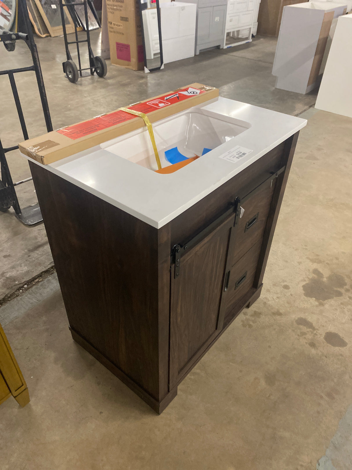 Brindley 30 in W x 20 in D x 35 in H Single Sink Freestanding Vanity in Dark Walnut w/ Veined White Engineered Stone Top