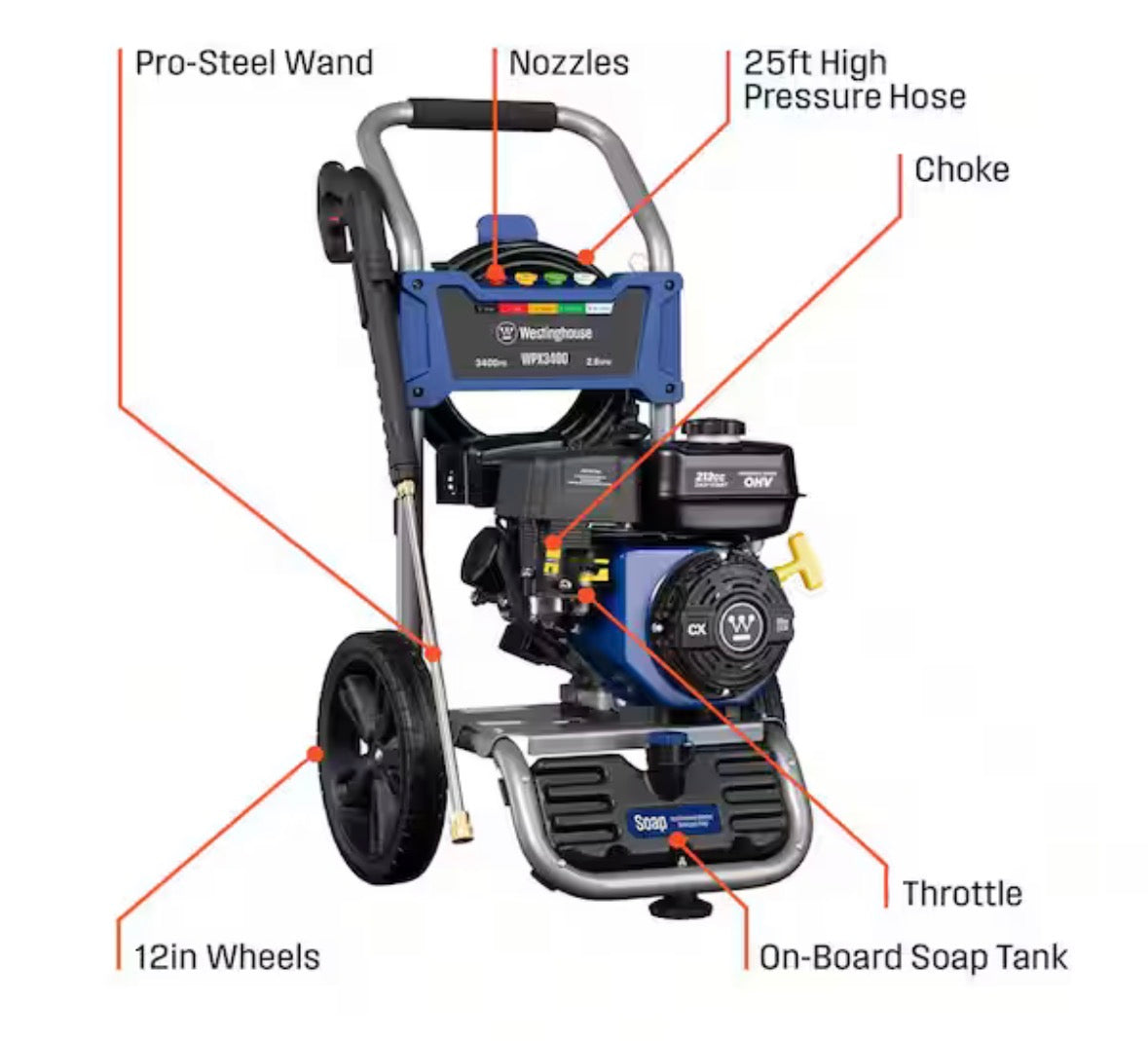 3400 PSI 2.6 GPM Gas Powered Axial Cam Pump Cold Water Pressure Washer with Soap Tank and 5 Quick Connect Tips