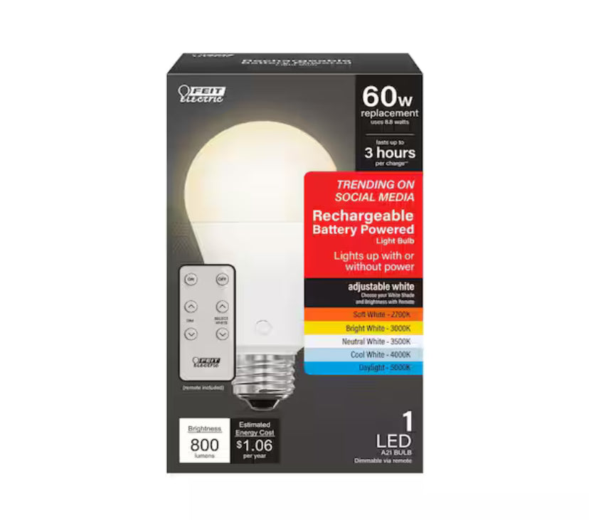 60-Watt Equiv A21 USB White Battery Backup E26 Magic Bulb LED Light Bulb Selectable White(2700K/3000K/3500K/4000K/5000K)