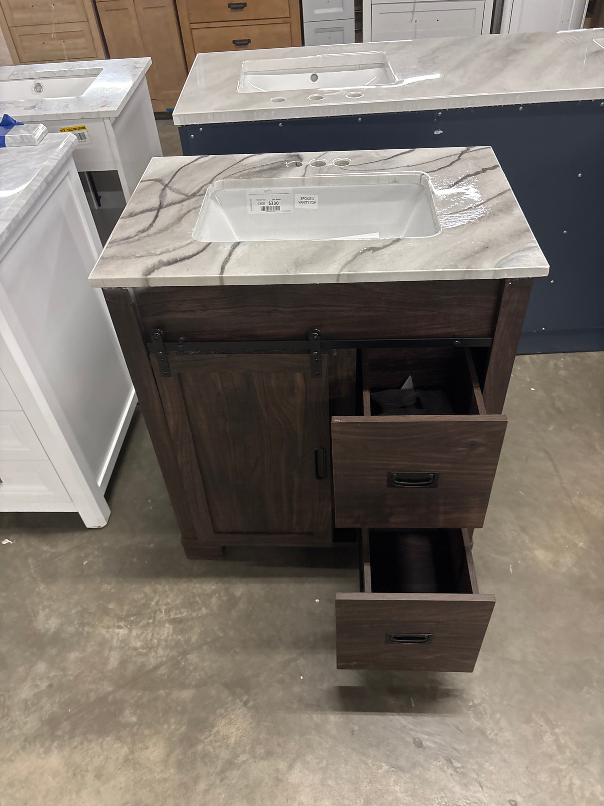 Brindley 30 in W x 20 in D x 35 in H Single Sink Freestanding Vanity in Dark Walnut w/Epoxied/Veined White Engineered Stone Top MM