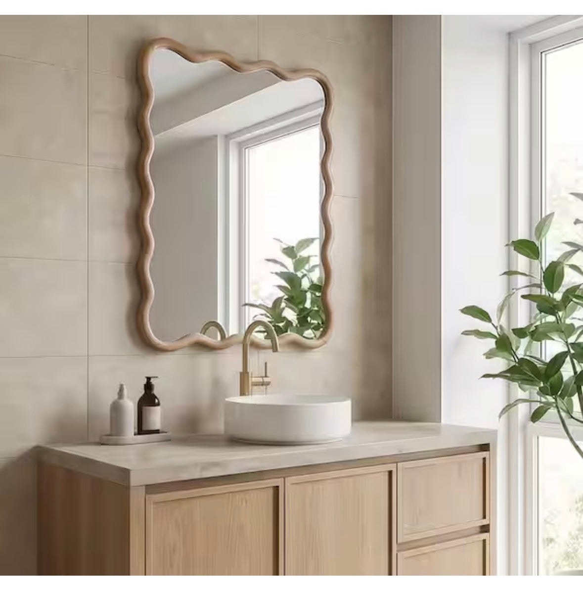 Natural Wood 20 in. W x 30 in. H Wavy Rectangle Solid Wood Framed Mirror for Bathroom Vanity Living Room Entryway Decor