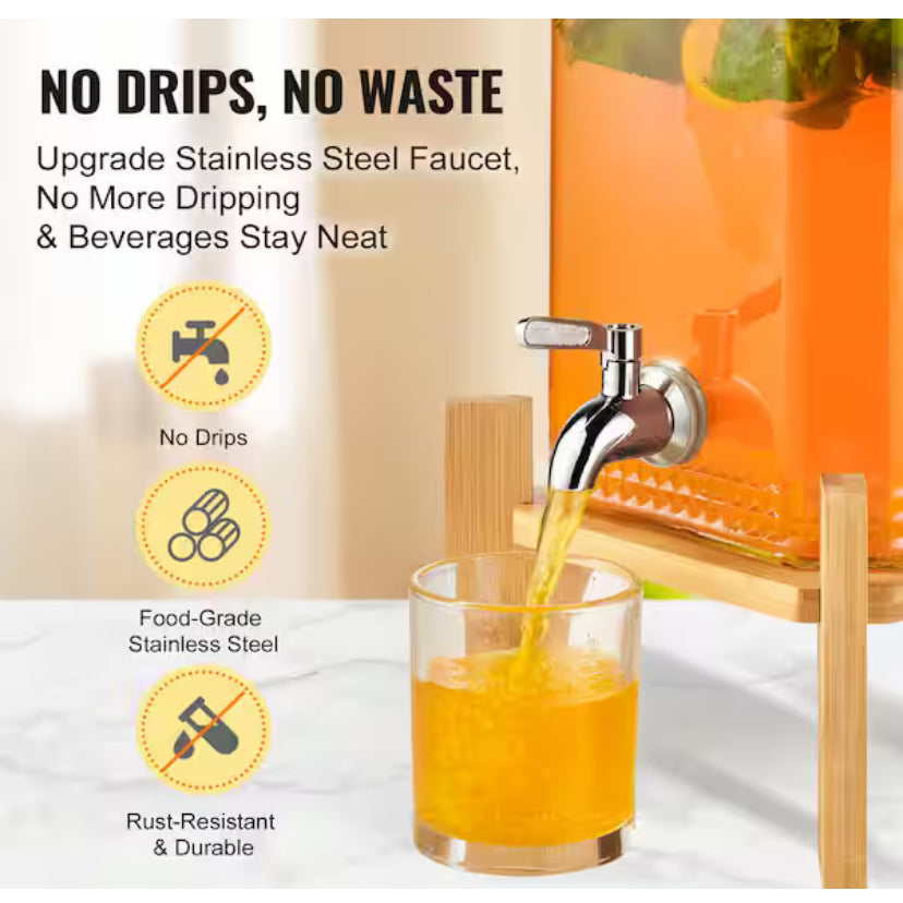 2 gal. Beverage Dispenser, Glass Drink Dispenser with Stainless Steel Spigot, Iced Tea, Lemonade and Juice Dispenser