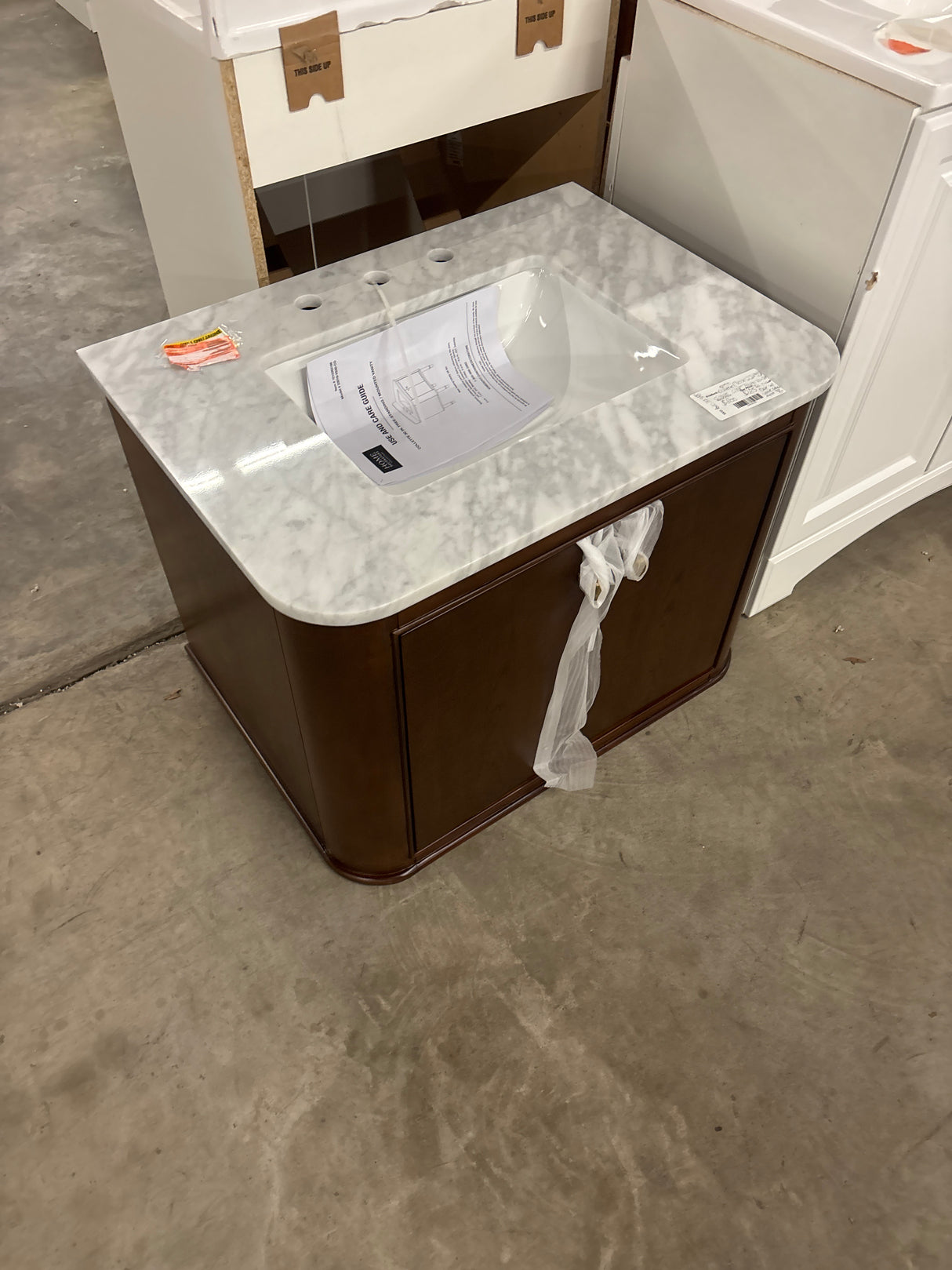 Collette 30 in W x 22 in D x 35 in H Single Sink Bath Vanity in Cinnamon Oak With White Carrara Marble Top