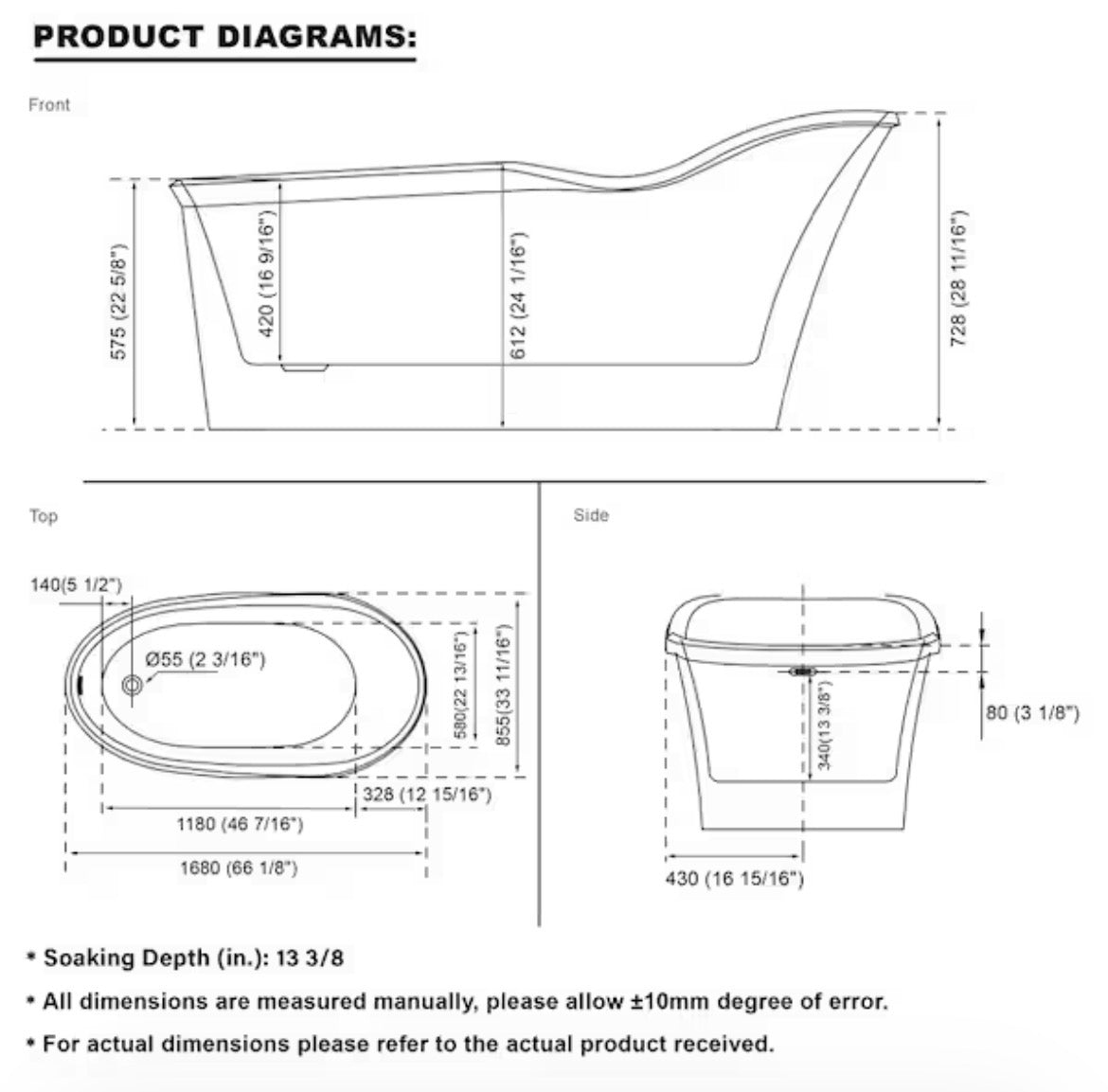 Wave 66 in. x 33 in. Acrylic FlatBottom Freestanding Soaking Bathtub with Drain and Overflow in White