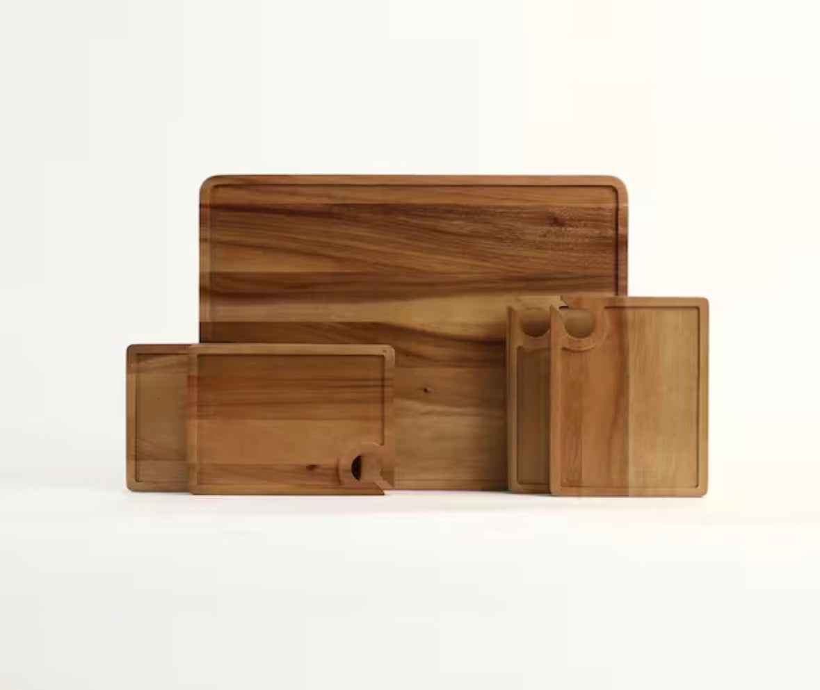 Atelier Acacia Wood Wine Appetizer Plate Set with Serving Tray-5-Piece Charcuterie & Cheese Board, Natural Brown