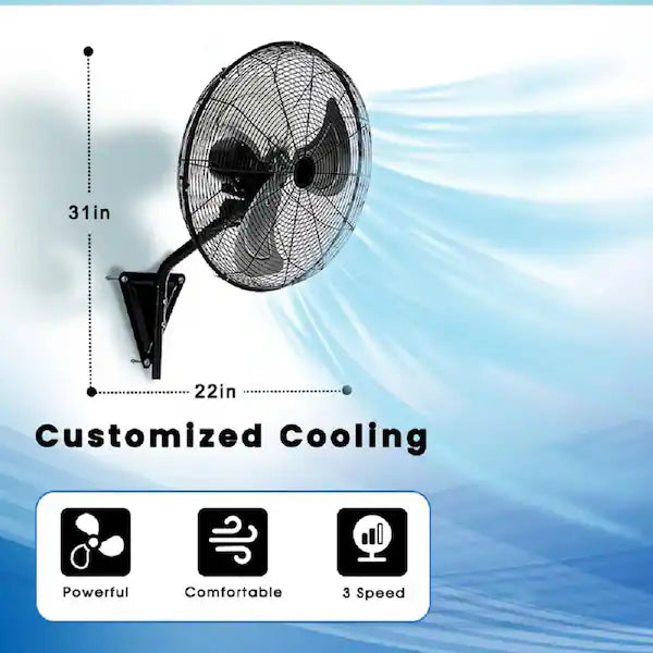 22 Inch Wall Mount Fan 3-Speed Industrial Fan High Velocity Fan, 7000 CFM Outdoor Wall Fan, Black