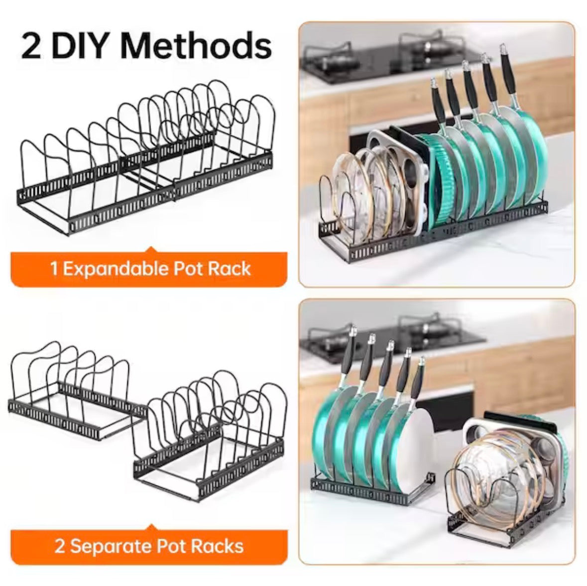 Expandable Black Standing Pot Rack for Kitchen Cabinet Organizers and Storage with 12 Adjustable Dividers