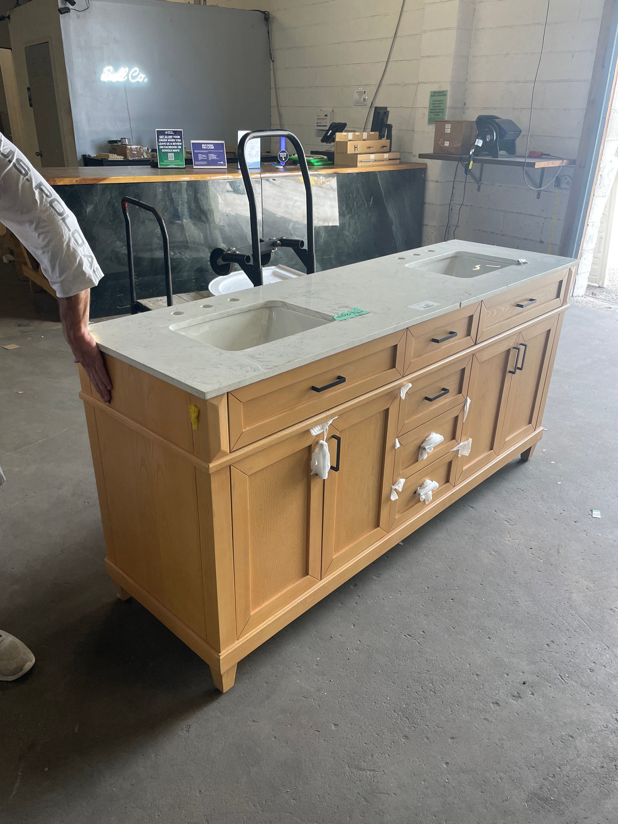 Talmore 72 in. Double Sink Light Oak Bath Vanity with White Engineered Marble Top (Assembled)