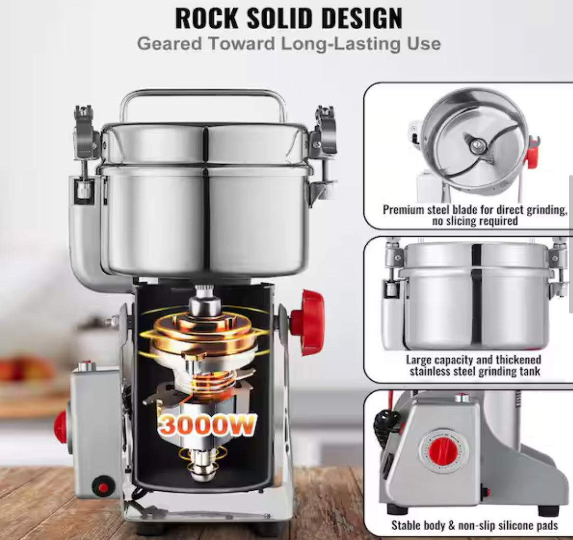 1000g Electric Grain Mill Grinder, High Speed 3000-Watt Commercial Spice Grinders, Stain Steel Pulverize Powder Machine
