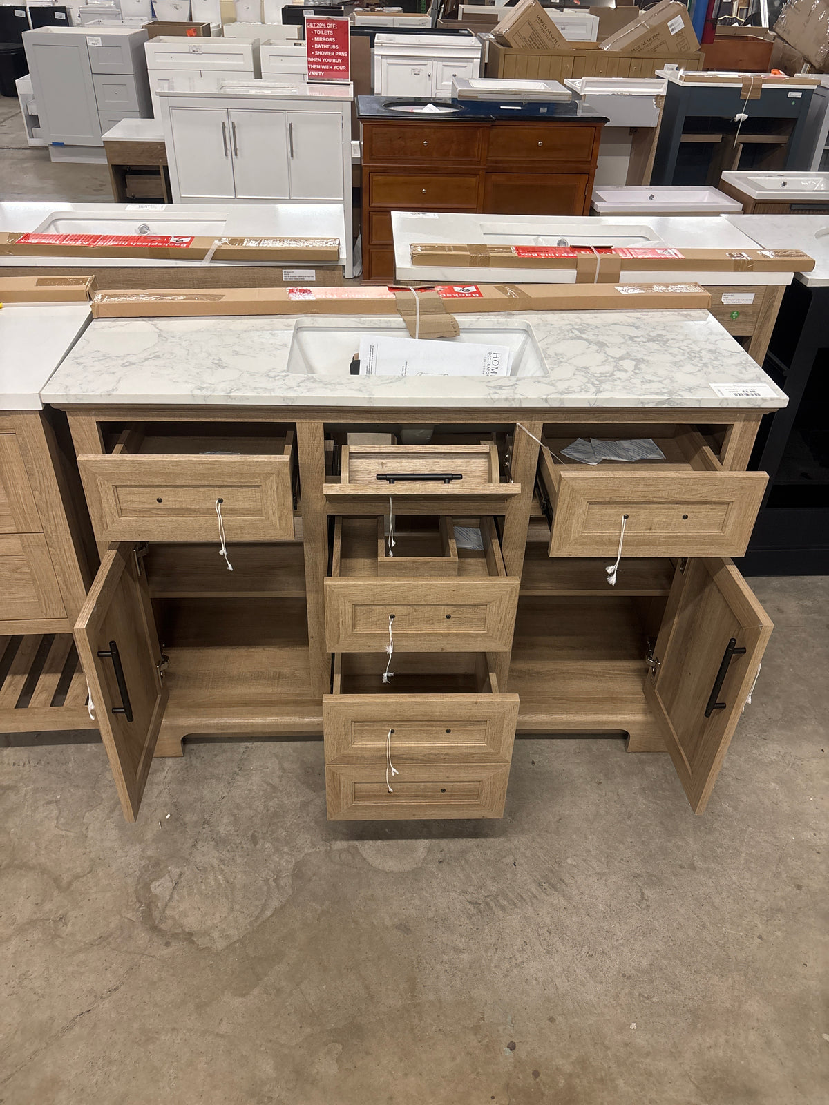 Doveton 48 in. W x 19 in. D x 34.50 in. H Freestanding Vanity in Weathered Tan with White Engineered Stone Top