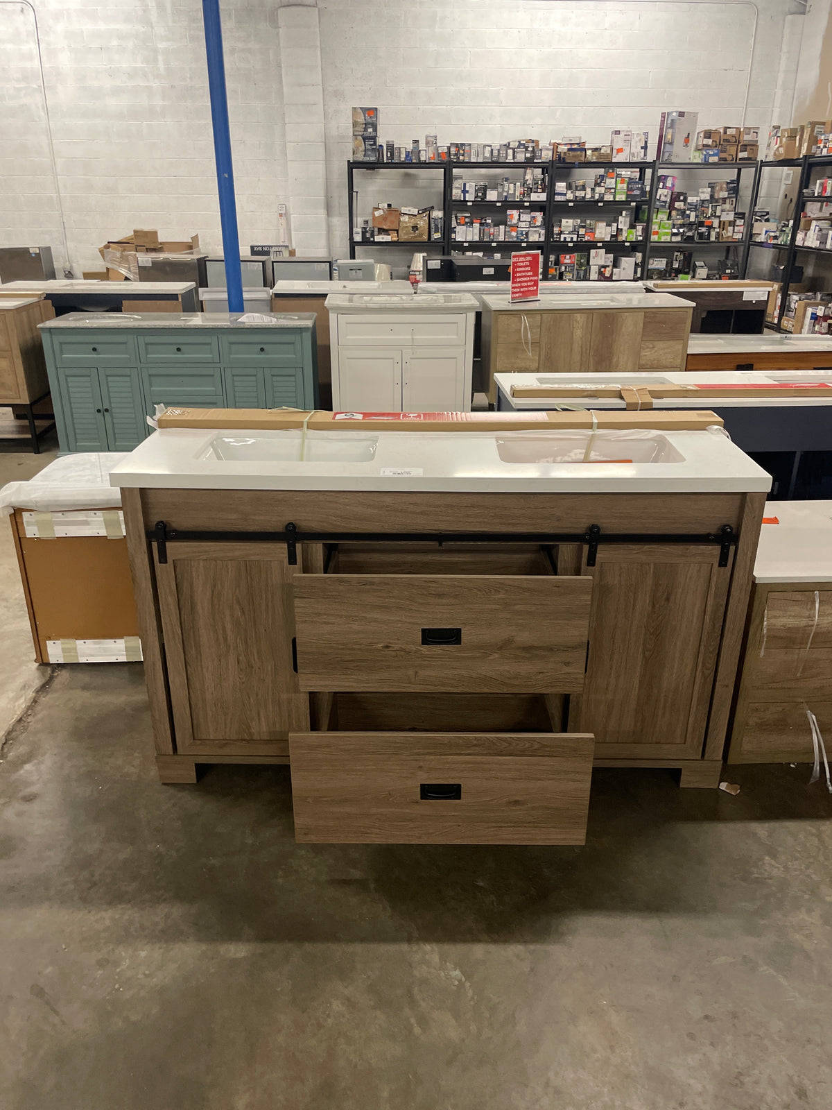 Brindley 60 in. W. x 20 in. D x 35 in. H Double Sink Freestanding Bath Vanity in Aged Oak White Engineered Stone Top