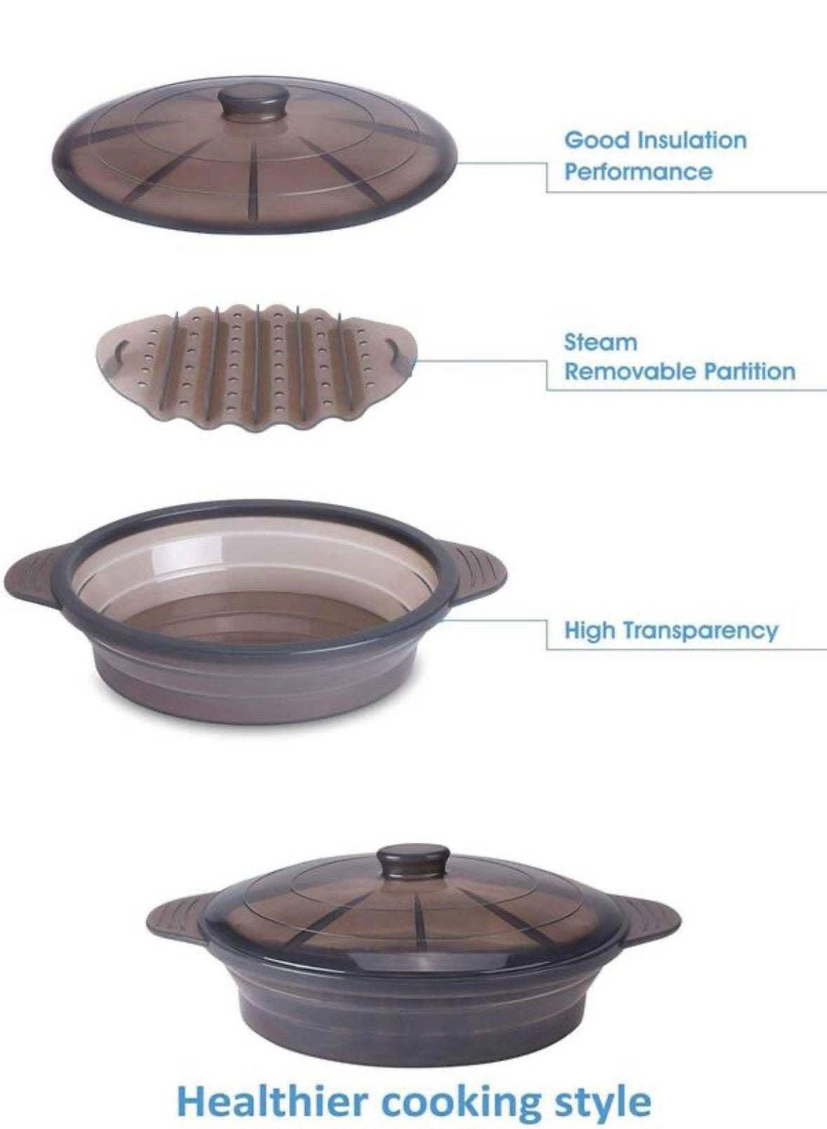 Collapsible Black Silicon Microwave Steamer Cookware with Handle Lid Removable Rack