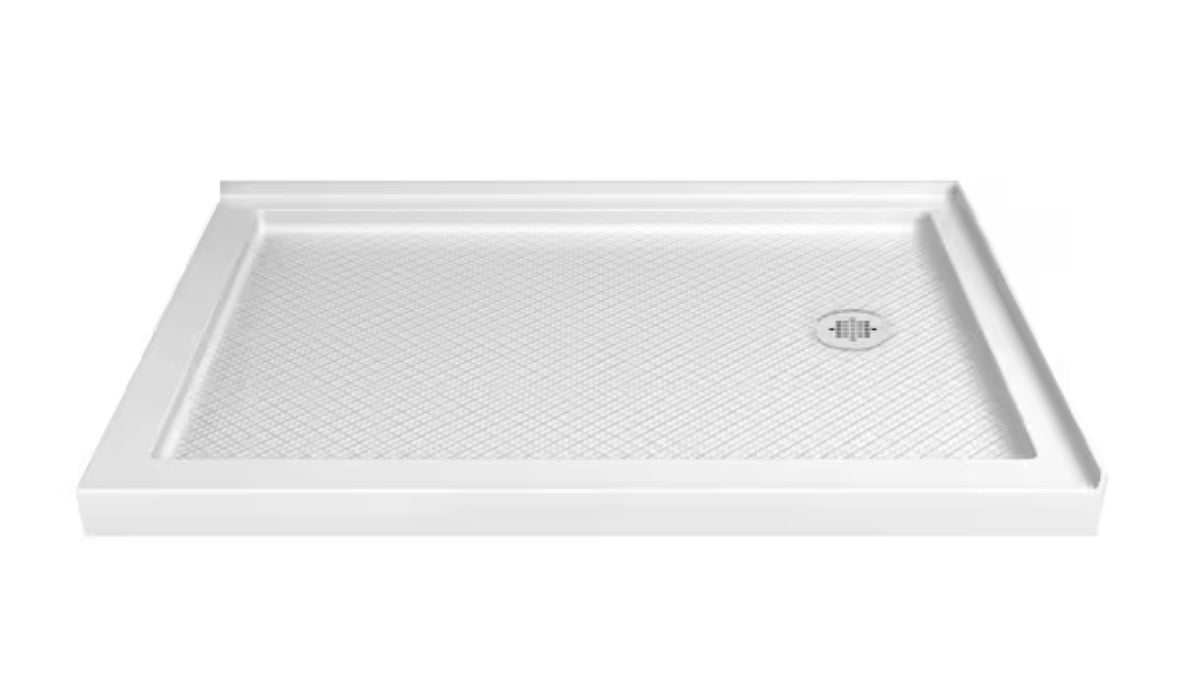 SlimLine 32 in. L x 60 in. W Corner Double Threshold Shower Pan Base with Right Drain in White