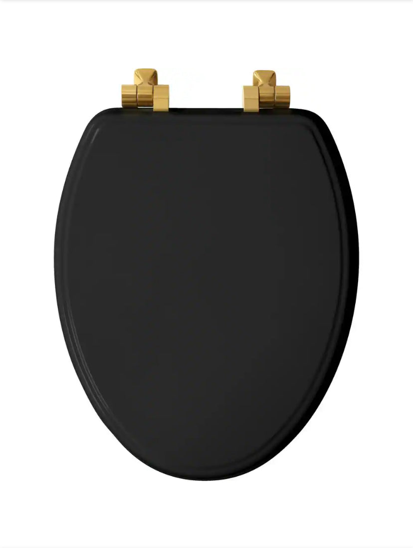 Weston Elongated Soft-Close Never-Loosens Brushed-Gold-Hinge Enameled Wood Toilet Seat in Black