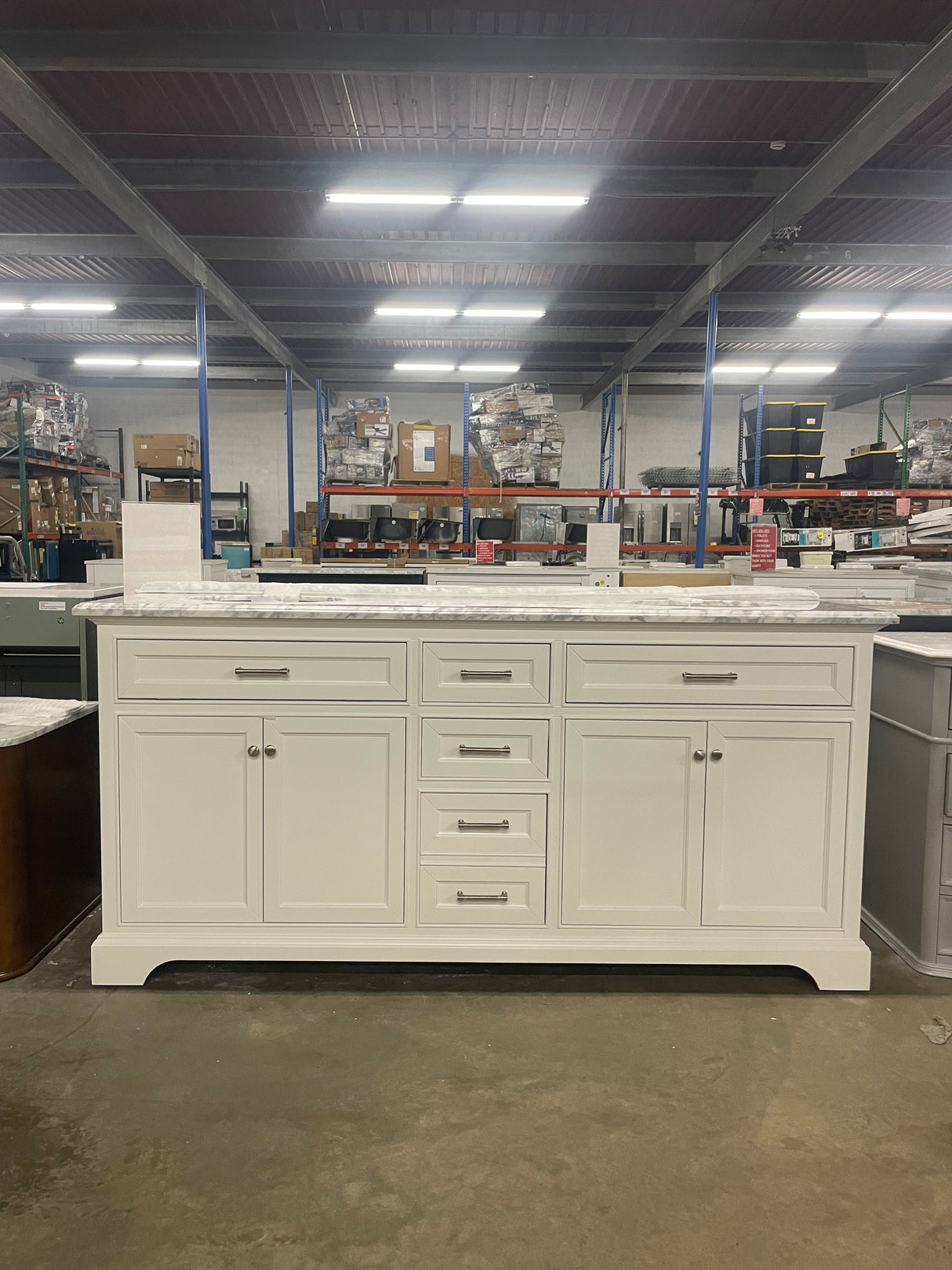 Windlowe 73 in. W x 22 in. D x 35 in. H Bath Vanity in White with Carrara Marble Vanity Top in White with White Sink